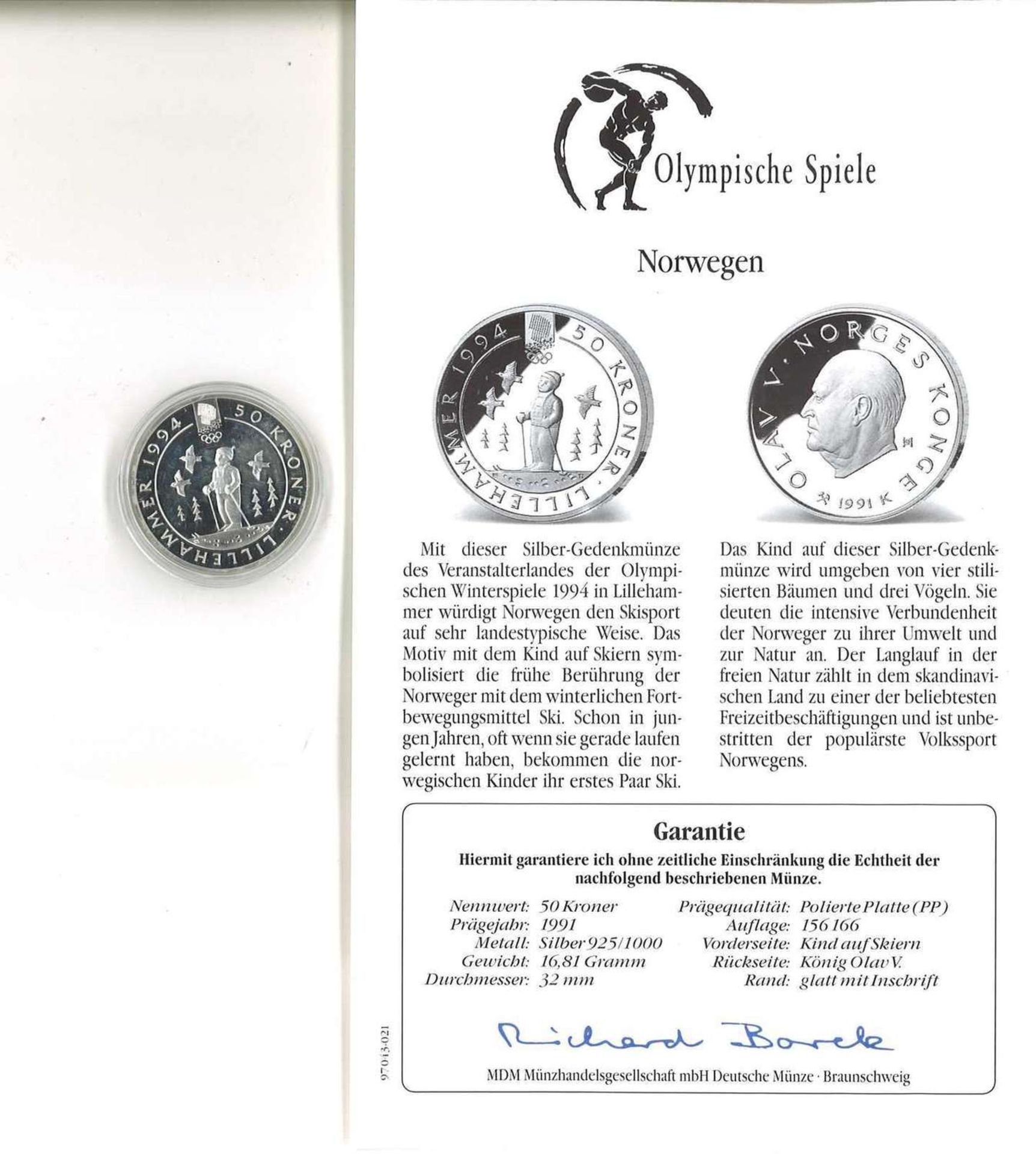 Norwegen, Olympische Spiel, 50 Kroner, 925/1000er Silber, Kind auf Skiern. Mit Zertifikat.Norway, O