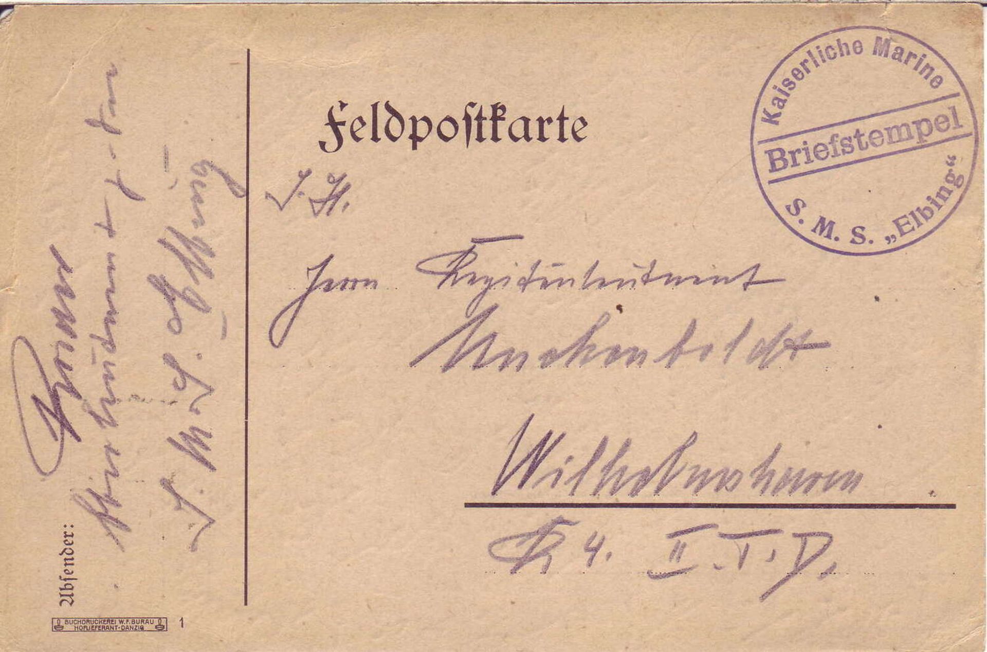 Deutsches Reich, 1. WK, Feldpostkarte mit Briefstempel "Kaiserliche Marine - S.M.S. Elbing". Gelauf