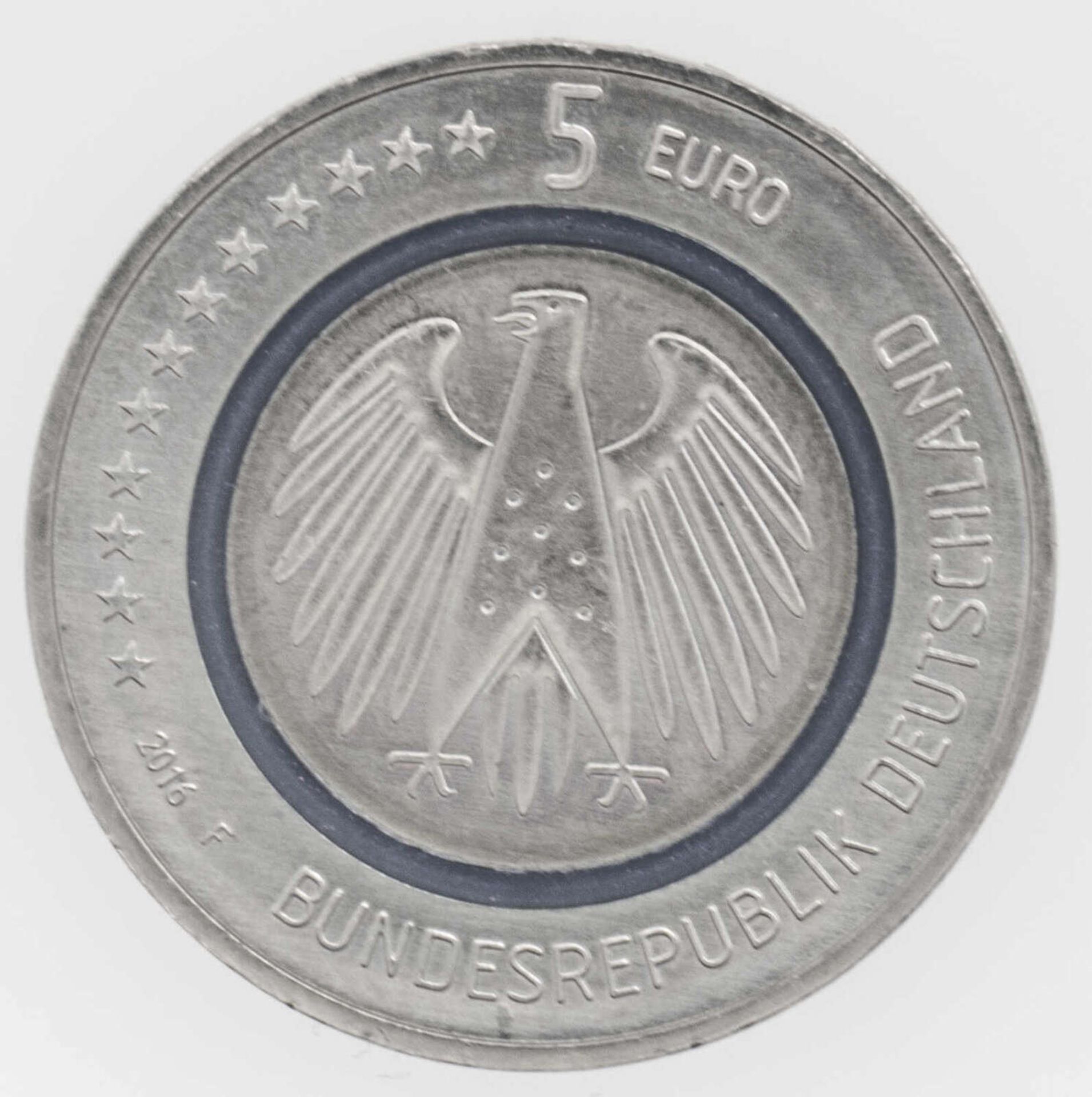 5 Euro Münze Blauer Planet Erde, 2016 F, Stuttgart mit blauen Polymerring5 Euro coin Blauer Planet