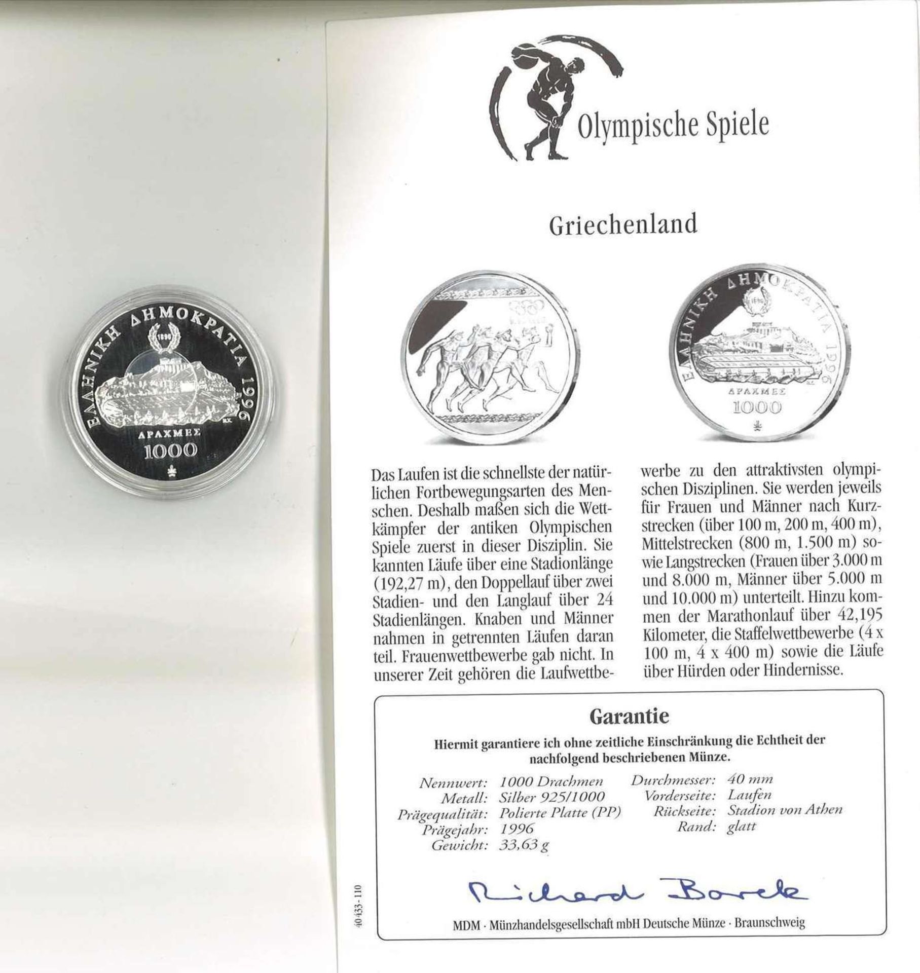 Olympische Spiele, Griechenland, 925/1000 Silber. 1000 Drachmen, Laufen. Mit ZertifikatOlympic Game