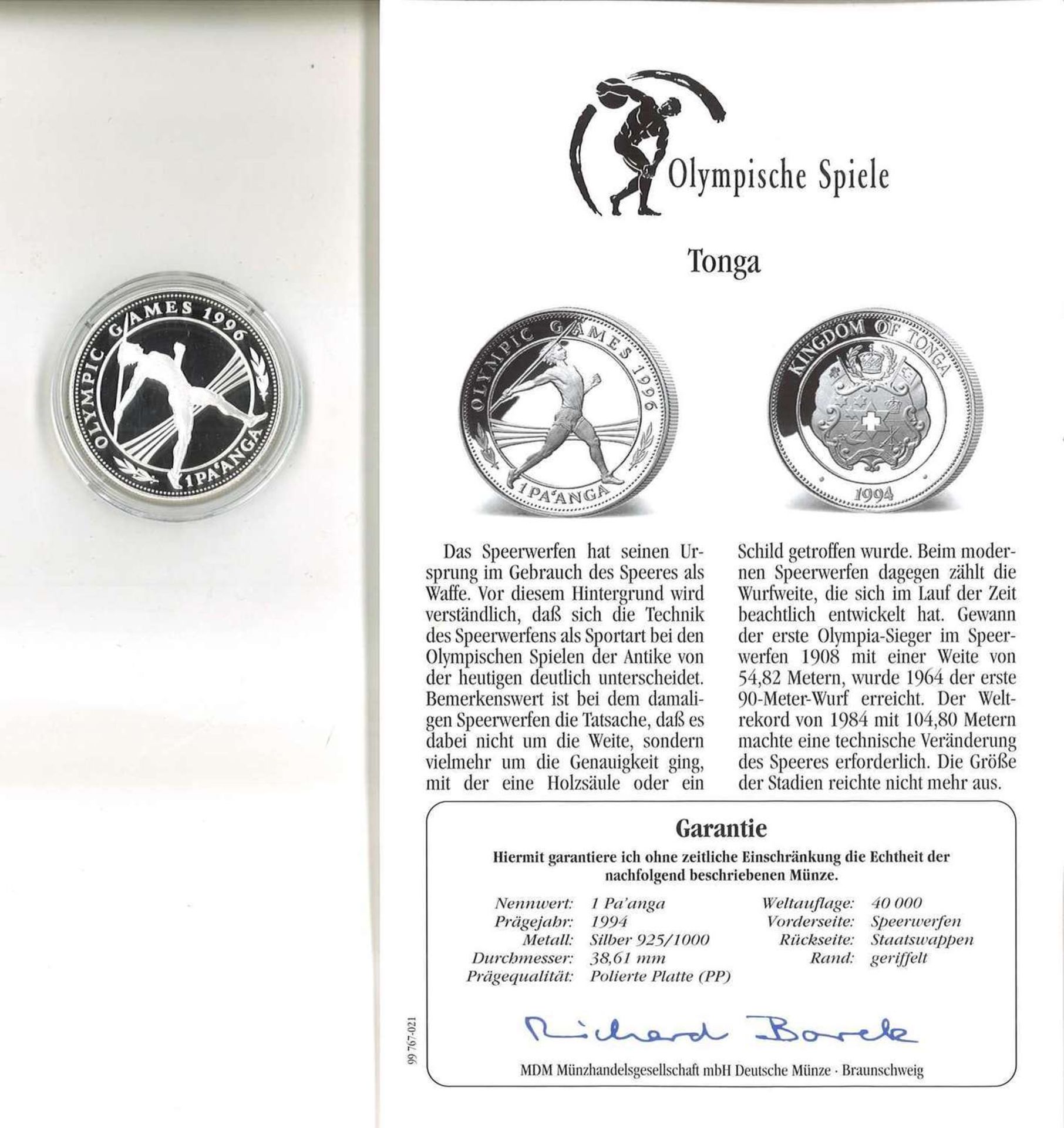Olympische Spiele Tonga, 1 Pa´anga, 925/1000 Silber. Speerwerfen. Mit Zertifikat.Olympic Games Ton