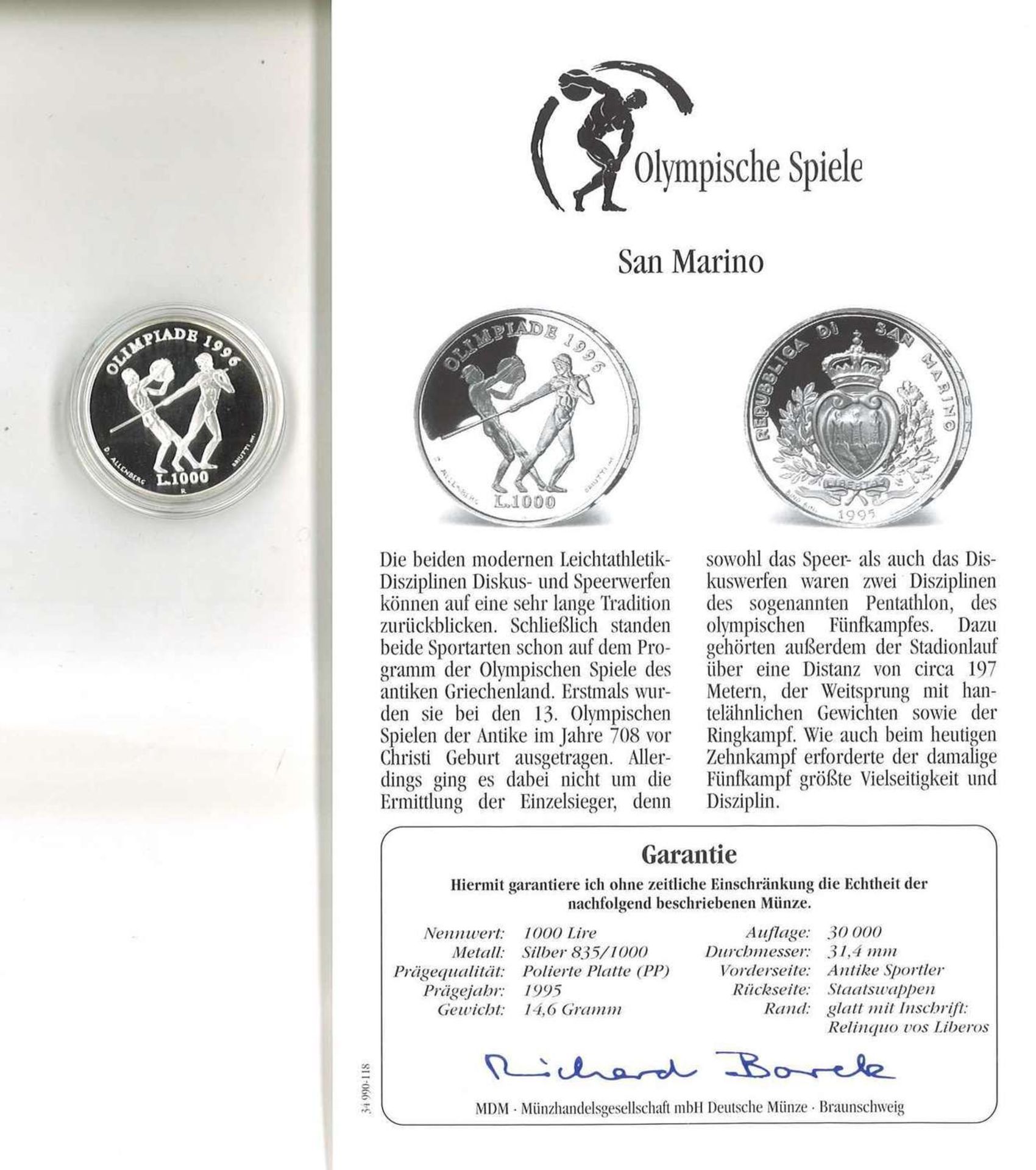 Olympische Spiele San Marino, 1000 Lire, 835/1000 Silber. Antike Sportler. Mit Zertifikat.Olympic G