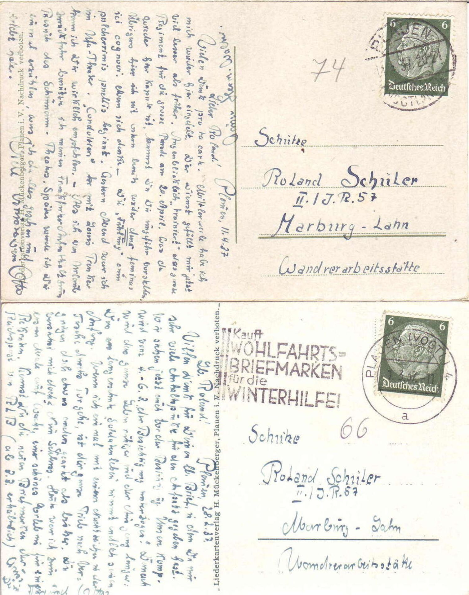Deutschland 1937, zwei Liederkarten: "Der Zipfelsgörg" und ""Treue Liebe". Gelaufen.Germany 1937, - Image 2 of 2