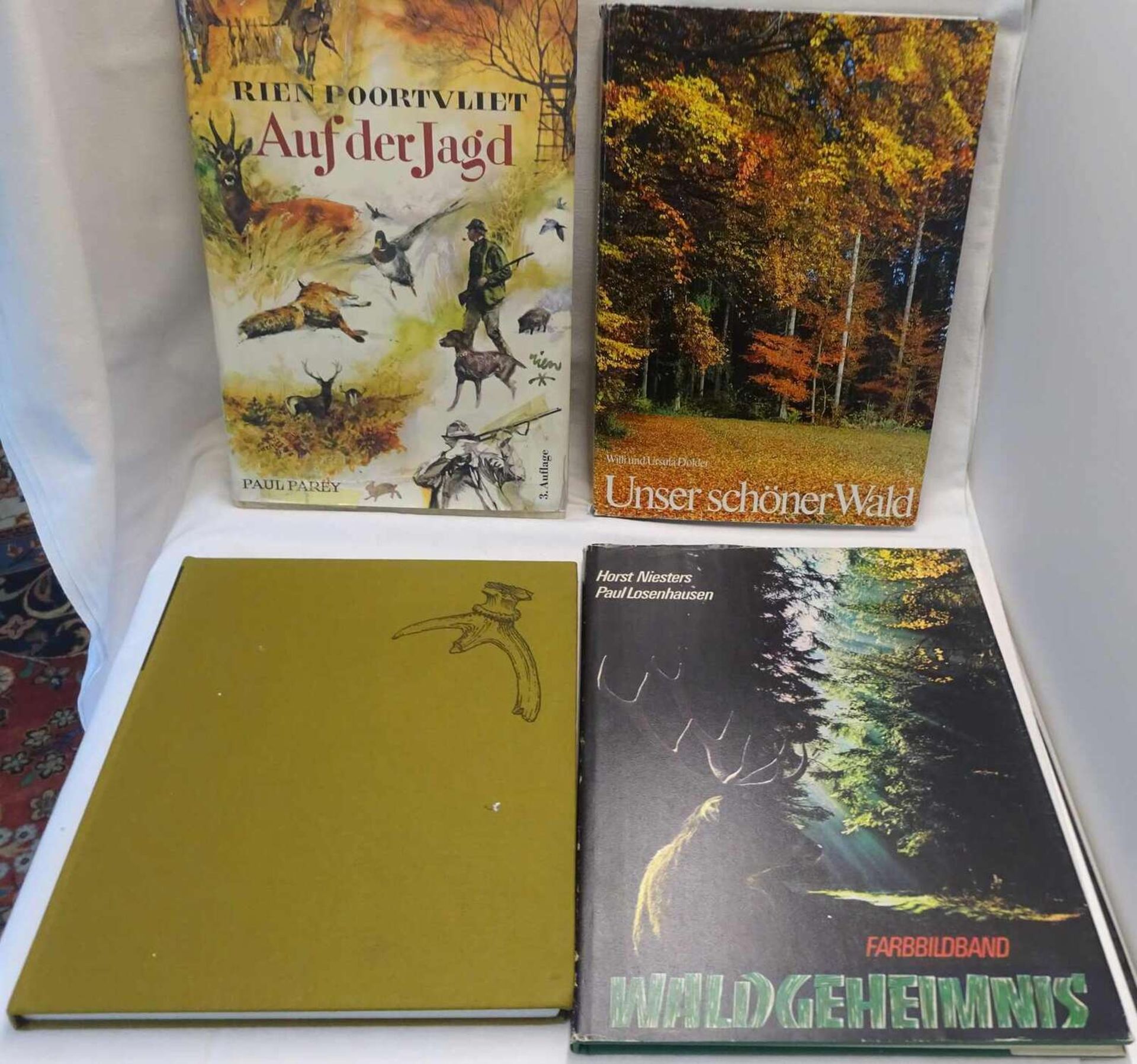 4 Bücher zum Thema Jagd, dabei "Auf der Jagd", "Unser schöner Wald", "Waldgeheimnis", "Begegnung