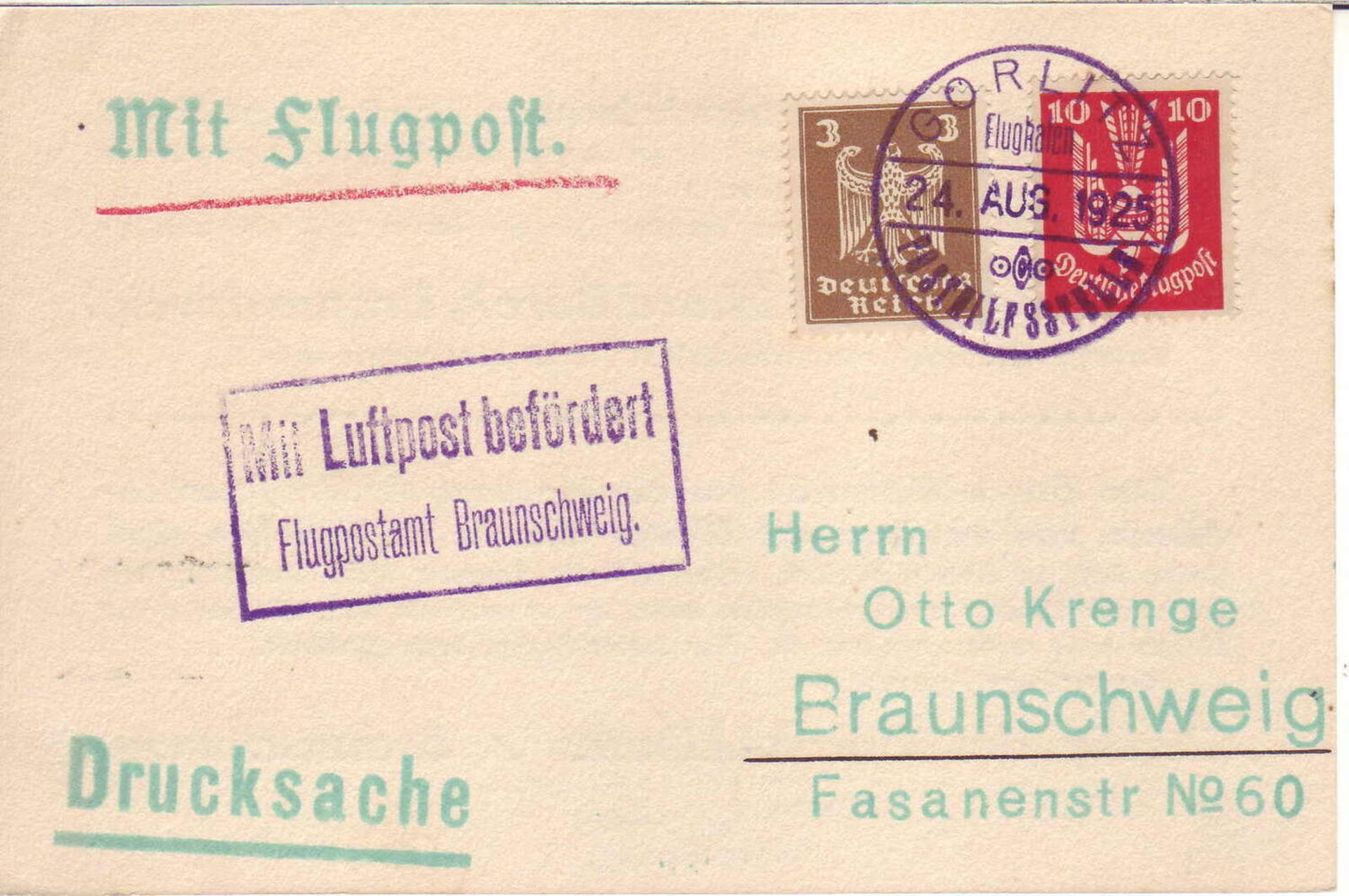 Luftpost - Beleg von Görlitz nach Braunschweig vom 24. Aug. 1925. Drucksache.Airmail - receipt fro