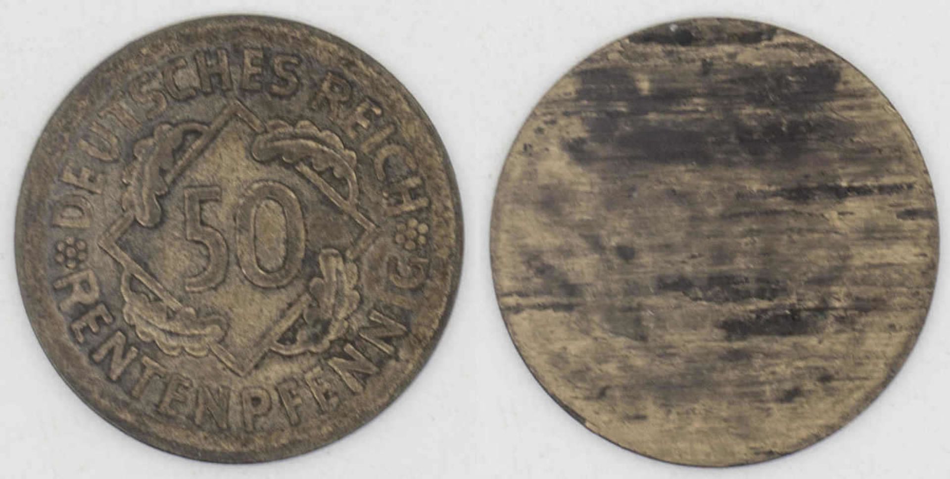 Weimarer Republik 1924, 50 Rentenpfennig, FEHLPRÄGUNG, Avers mit Nominal normale Prägung, Revers: