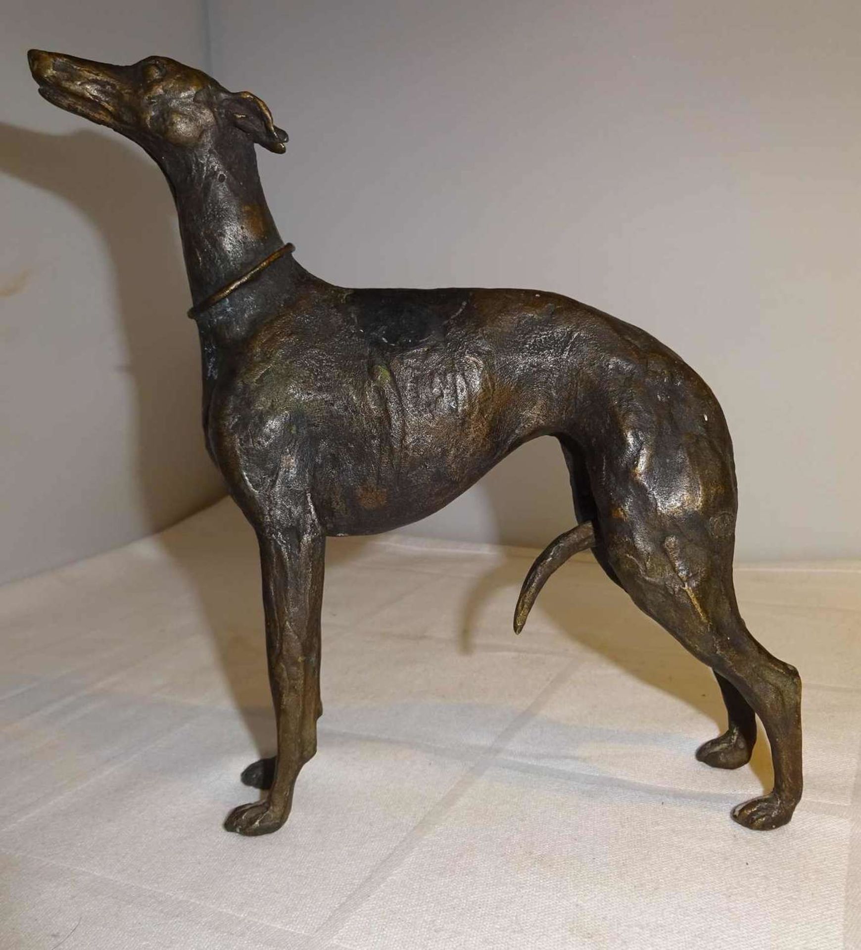 schöne Bronzefigur "Windhund", Gießerstempel M im Kreis, sehr feine detaillierte Ausführung. Maße: