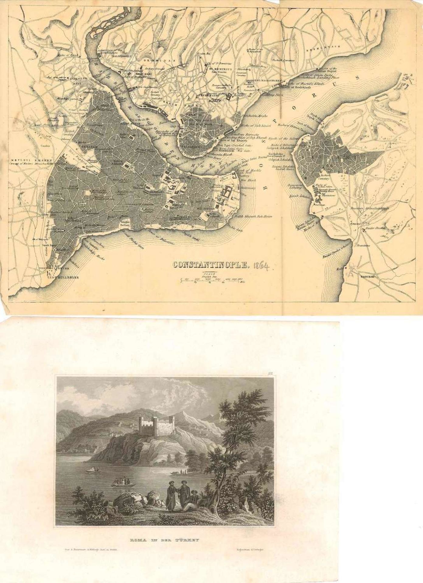 Lot Stiche & Landkarten, meist Bosphorus, Constantinople, etc. Interessantes Los.Lot engravings & m - Image 2 of 5