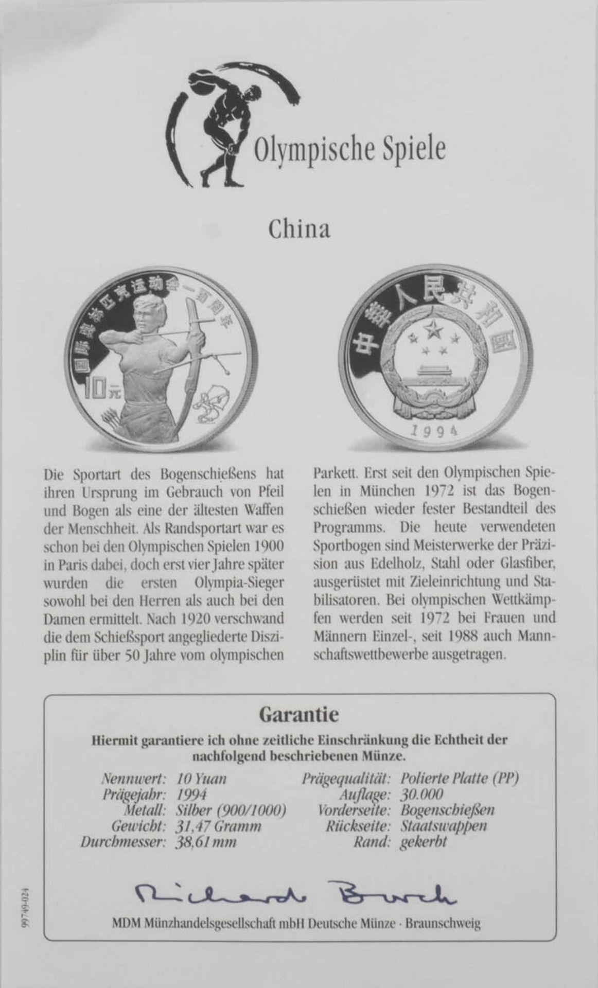 Olympische Spiele China, 10 Yuan, 900/1000 Silber. Bogenschießen. Mit Zertifikat.Olympic Games Chi - Bild 3 aus 3