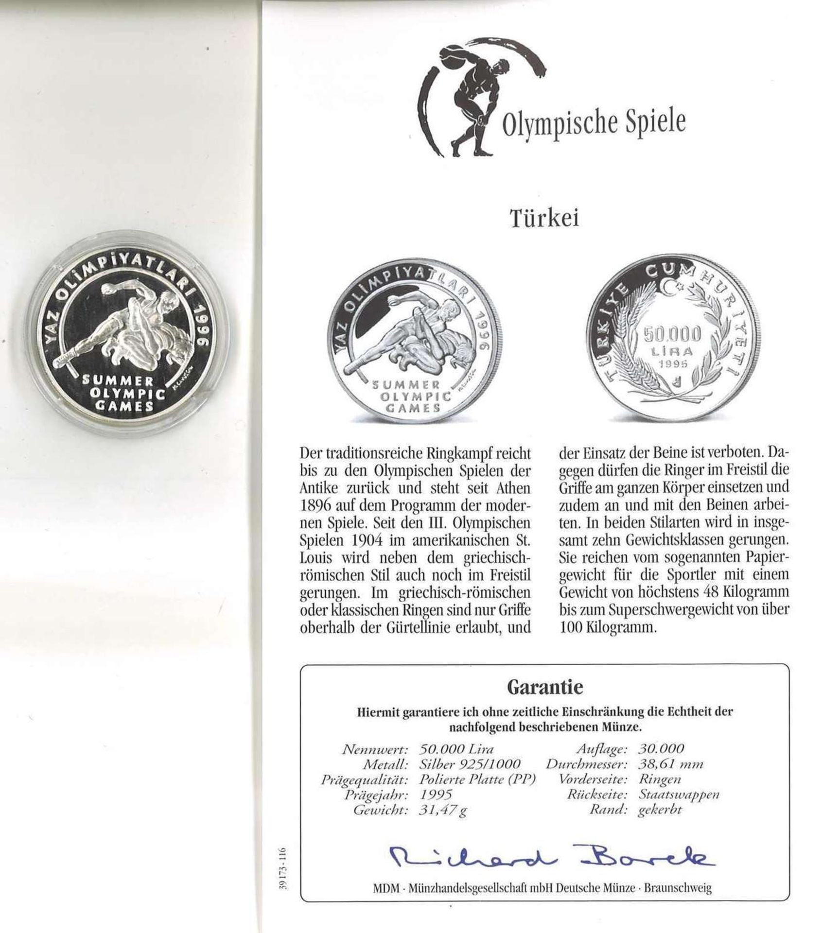 Olympische Spiele, Türkei, 925/1000 Silber. 50.000 Lira, Ringen. Mit ZertifikatOlympic Games, Turk