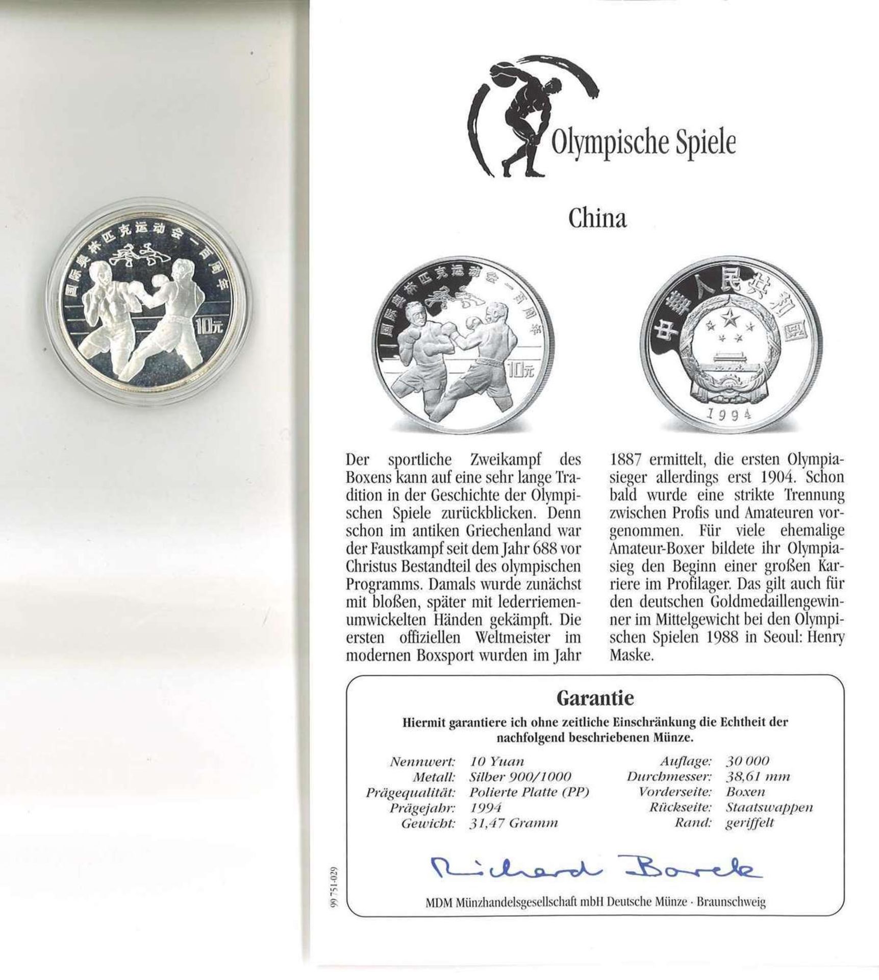 Olympische Spiele China, 10 Yuan, 900/1000 Silber. Boxen. Mit Zertifikat.Olympic Games China, 10 yu