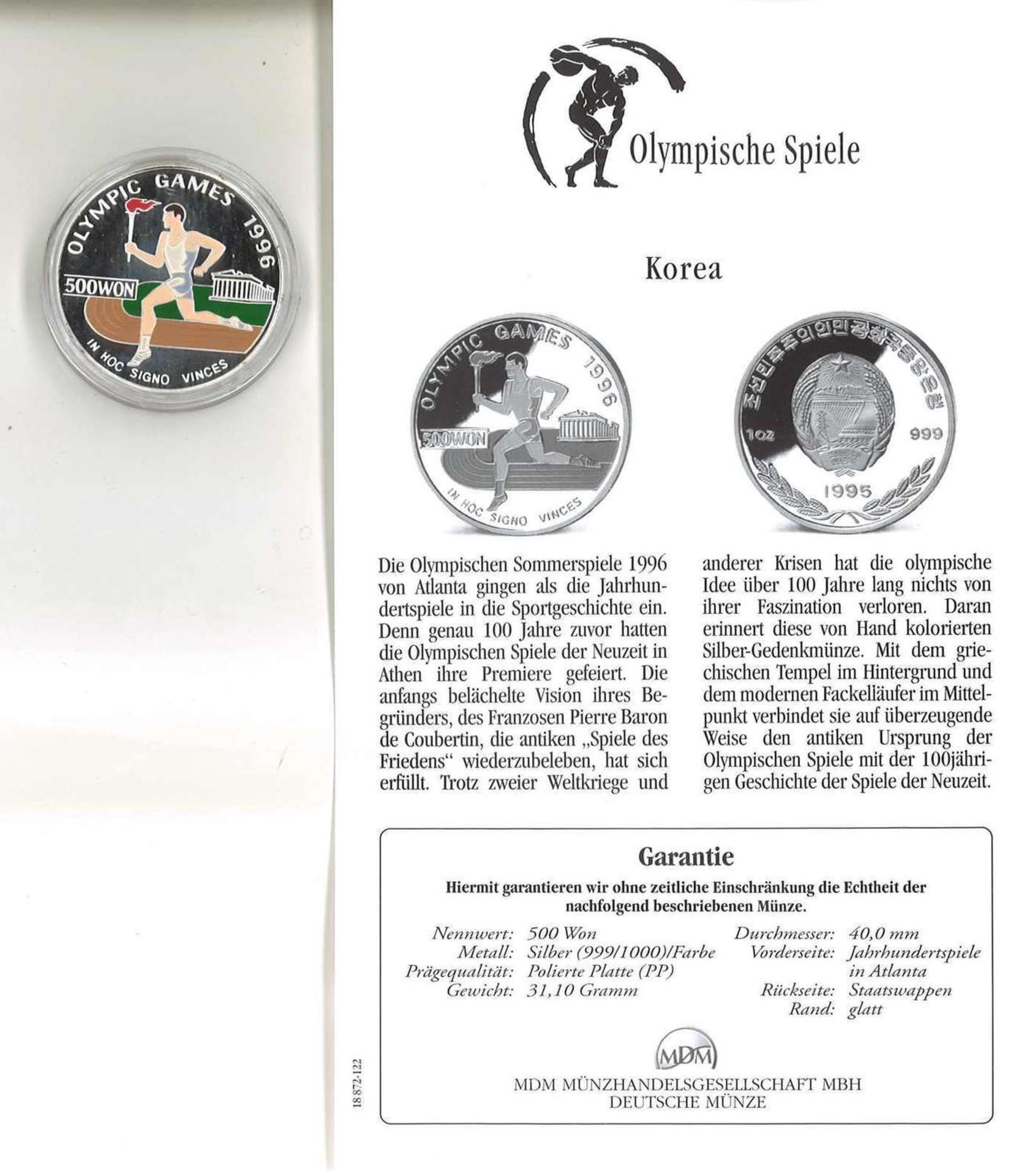 Olympische Spiele, Korea, 999/1000 Silber. 500 Won, Jahrhundertspiele in Atlanta. Mit ZertifikatOly