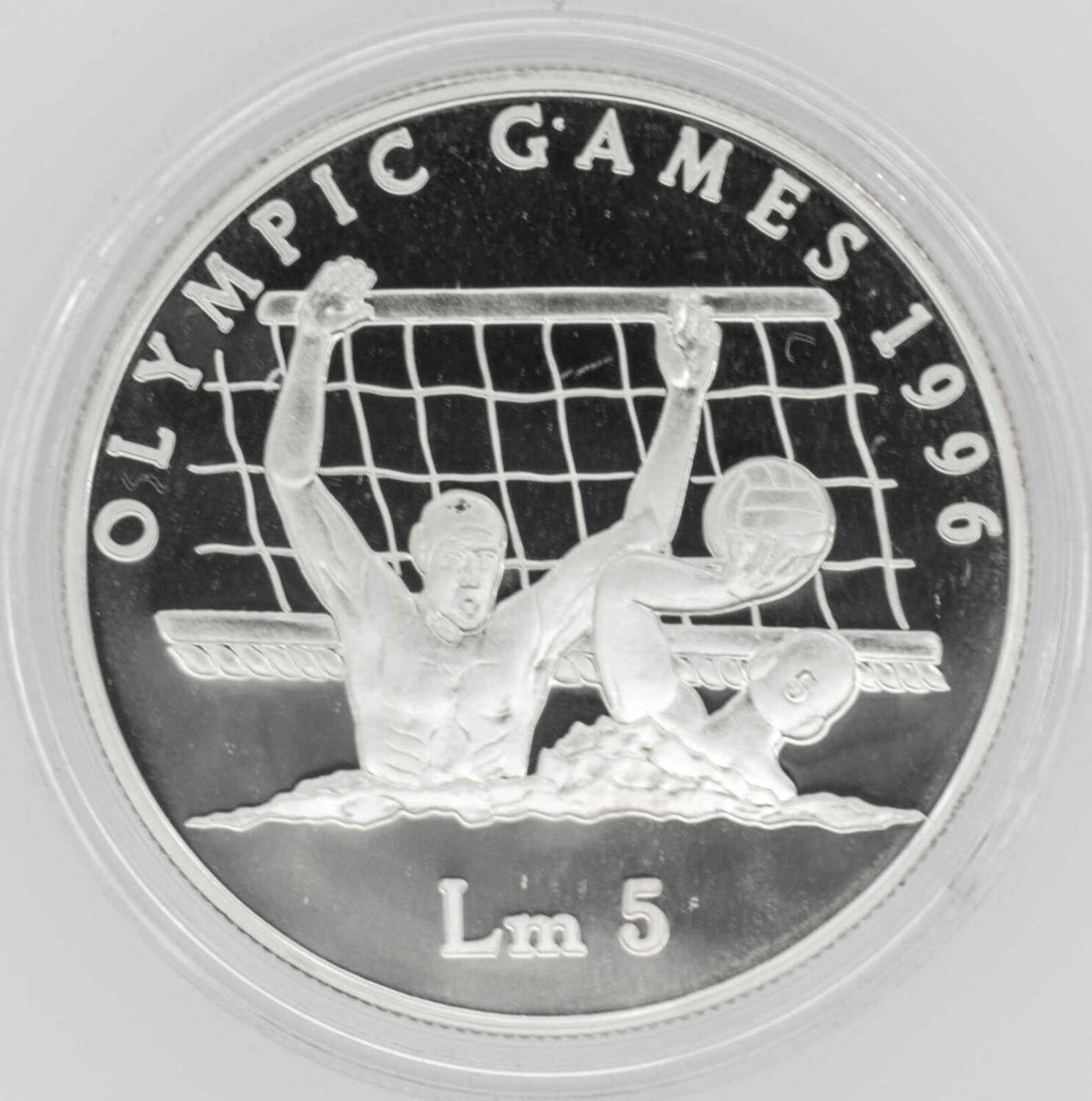 Olympische Spiele Malta, 5 Malta Pfund, 925/1000 Silber. Wasserball. Mit Zertifikat.Olympic Games M