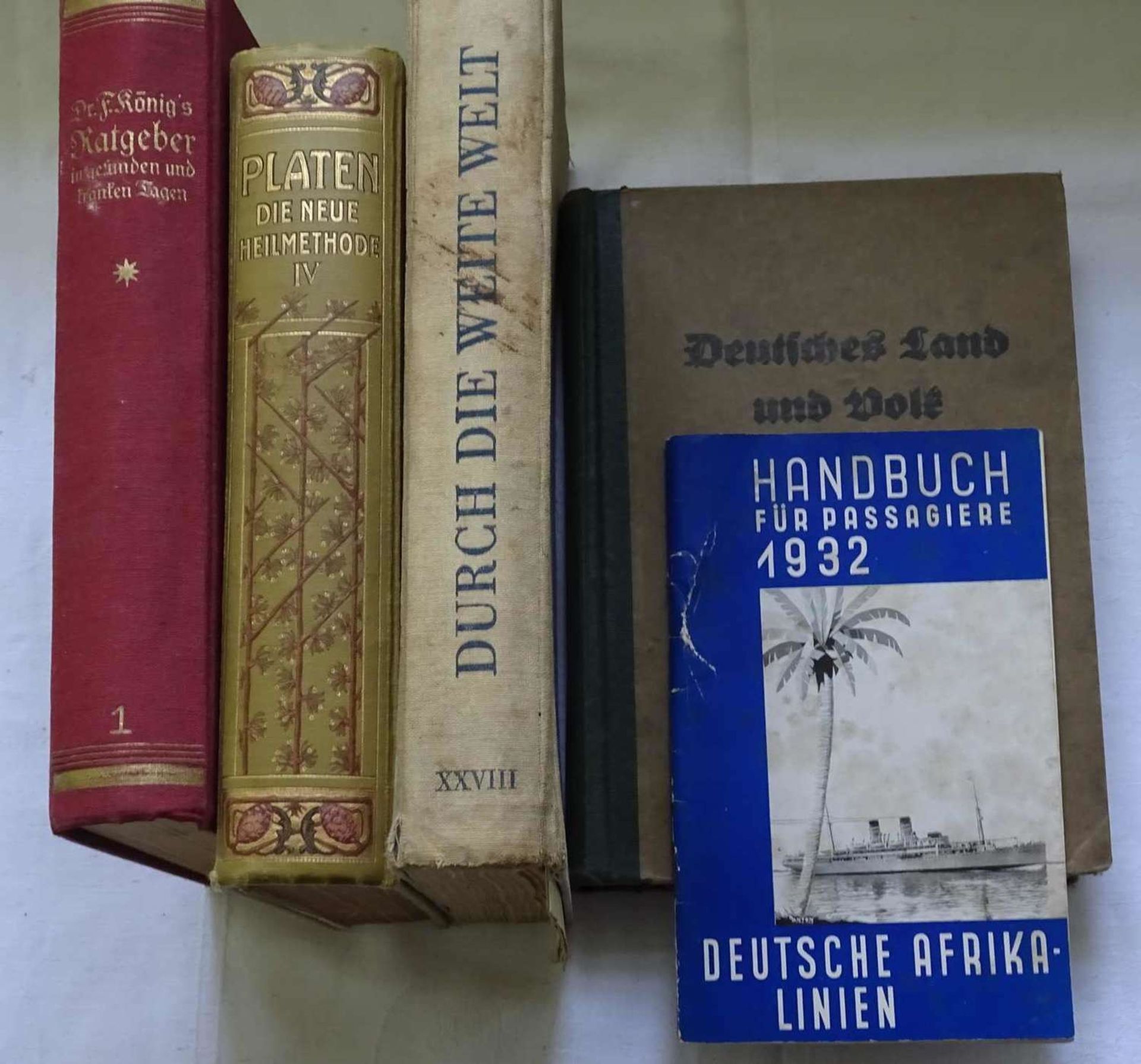 Lot alte Bücher, dabei Deutsches Land und Volk 1930, Platen Die neue Heilmethode 1911, Durch die w
