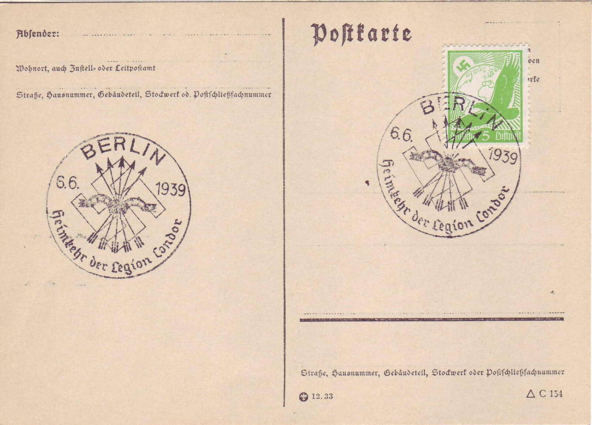 Drittes Reich 1939, Mi. - Nr. 529 auf Postkarte mit Sonderstempel 6.6.1939 "Heimkehr der Legion Co