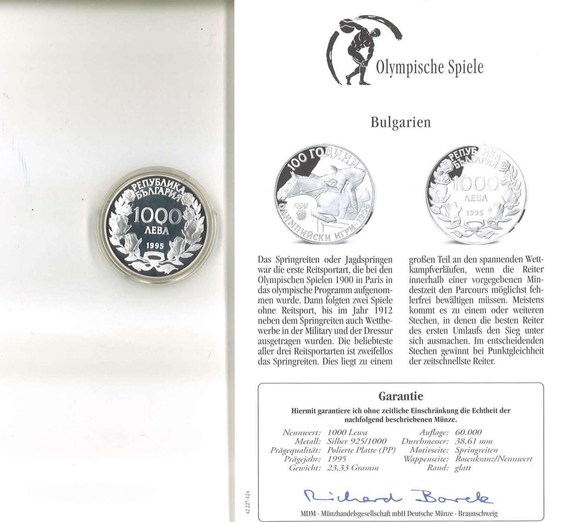 Olympische Spiele Bulgarien, 1000 Lewa, 925/1000 Silber.Springreiten. Mit Zertifikat.Olympic Games - Bild 2 aus 3
