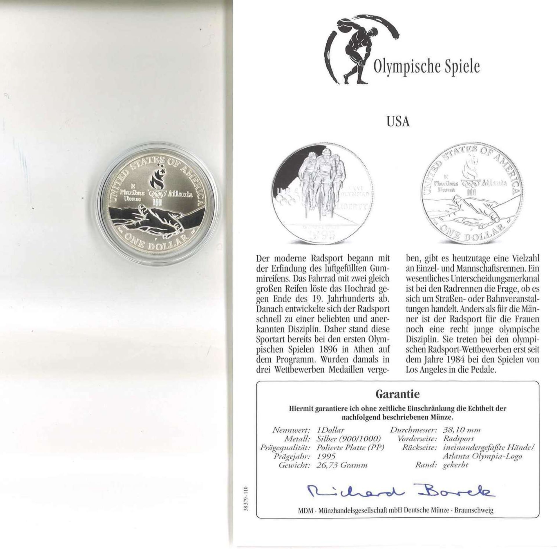 Olympische Spiele USA, 1 Dollar, 900/1000 Silber. Radsport. Mit Zertifikat.Olympic Games USA, $ 1,