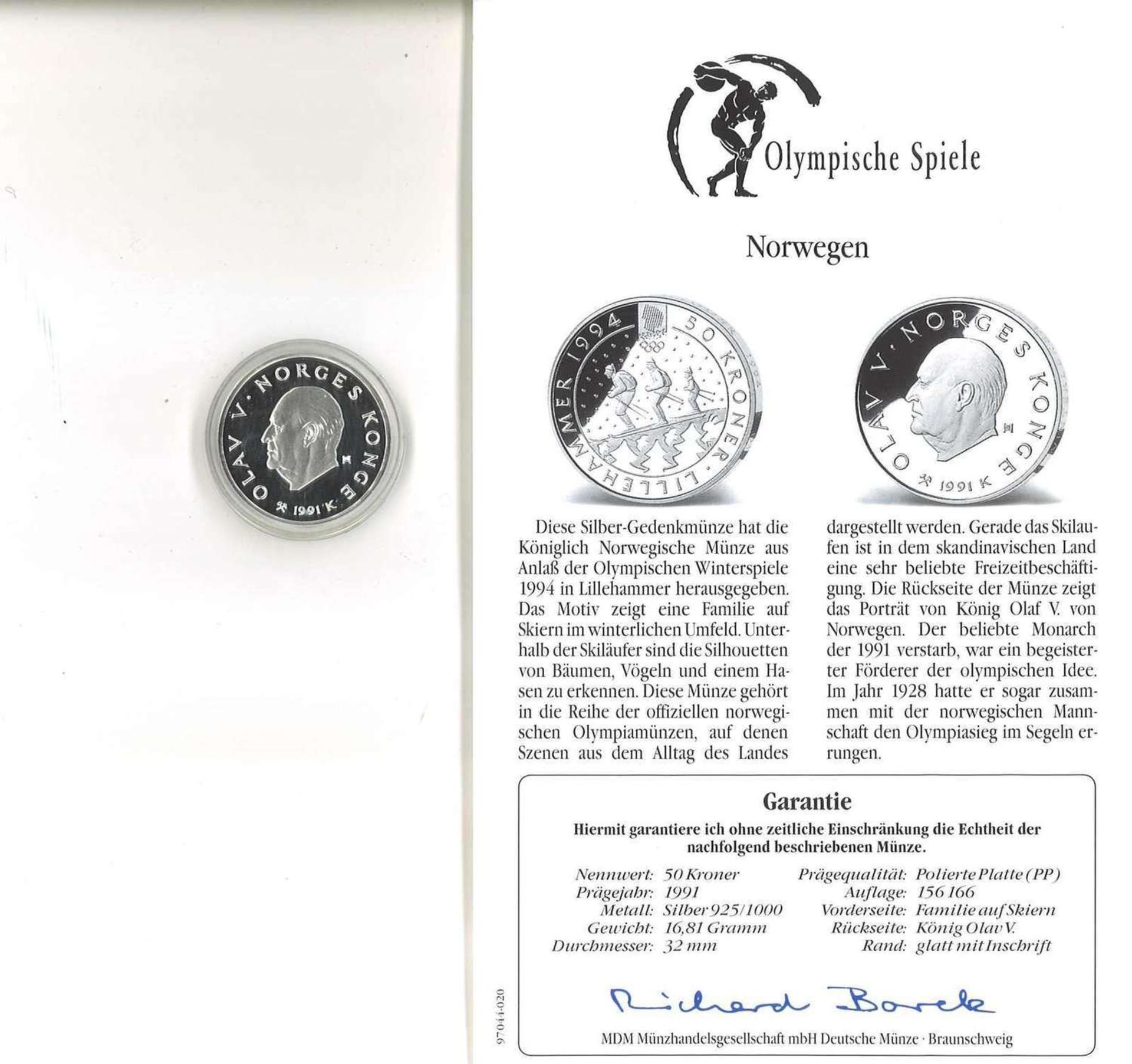 Norwegen, Olympische Spiele 50 Kroner Lillehammer 1994, 925er Silber, Familie auf Skiern. Mit Zerti