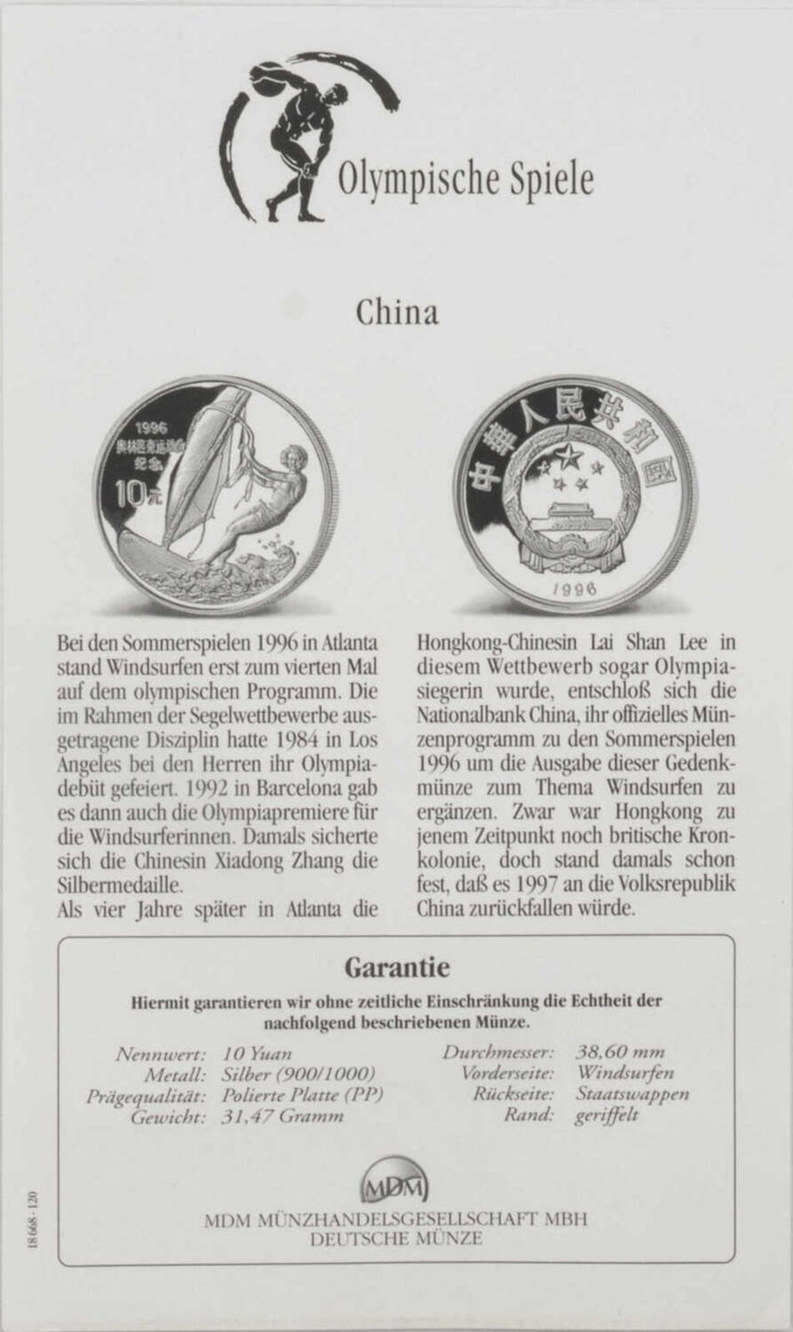 Olympische Spiele China, 10 Yuan, 900/1000 Silber. Windsurfen. Mit Zertifikat.Olympic Games China, - Bild 3 aus 3