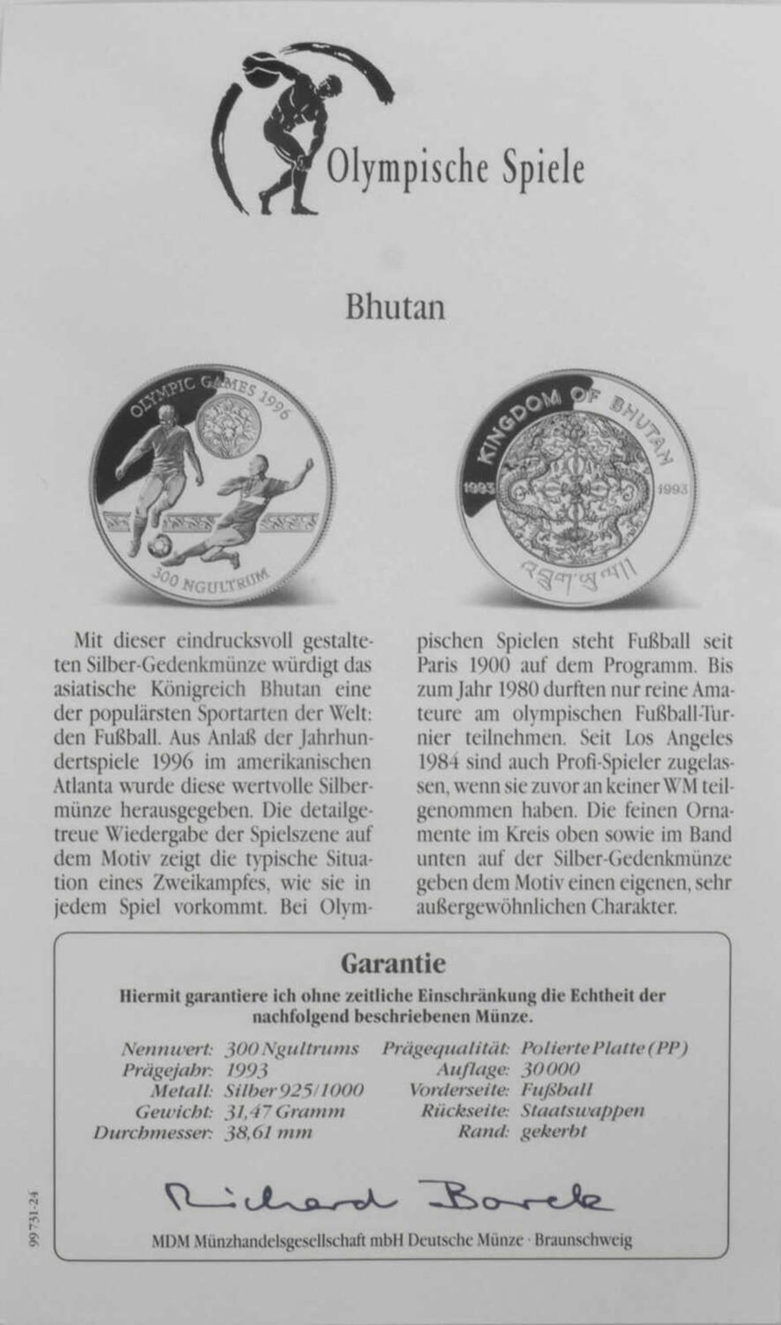 Olympische Spiele Bhutan, 300 Ngultrums, 925/1000 Silber. Fußball. Mit Zertifikat.Olympic Games Bh - Image 3 of 3