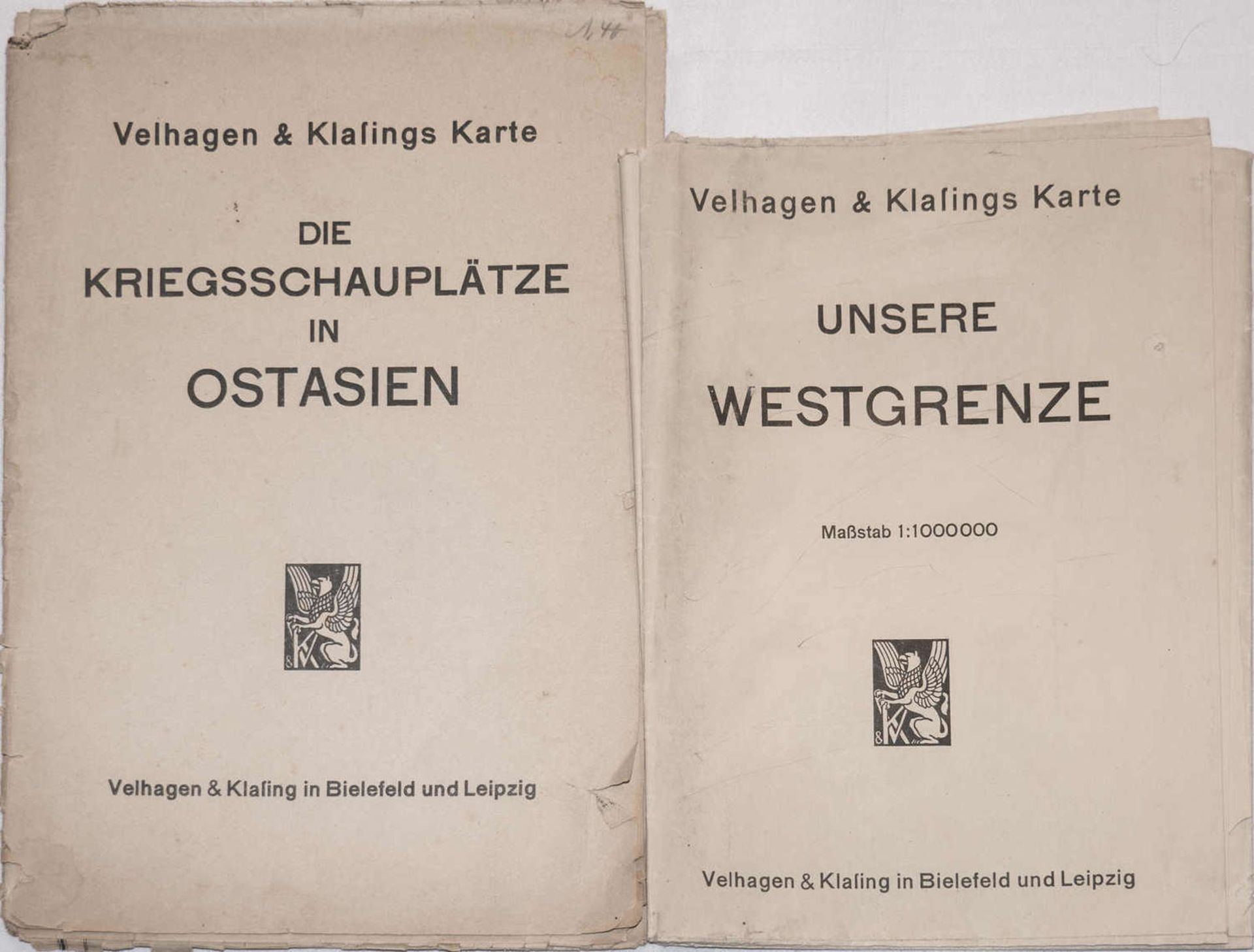 Zwei große Landkarten Westgrenze und Kriegsschauplatz Ostasien, 1. WK.Two large maps of the wester