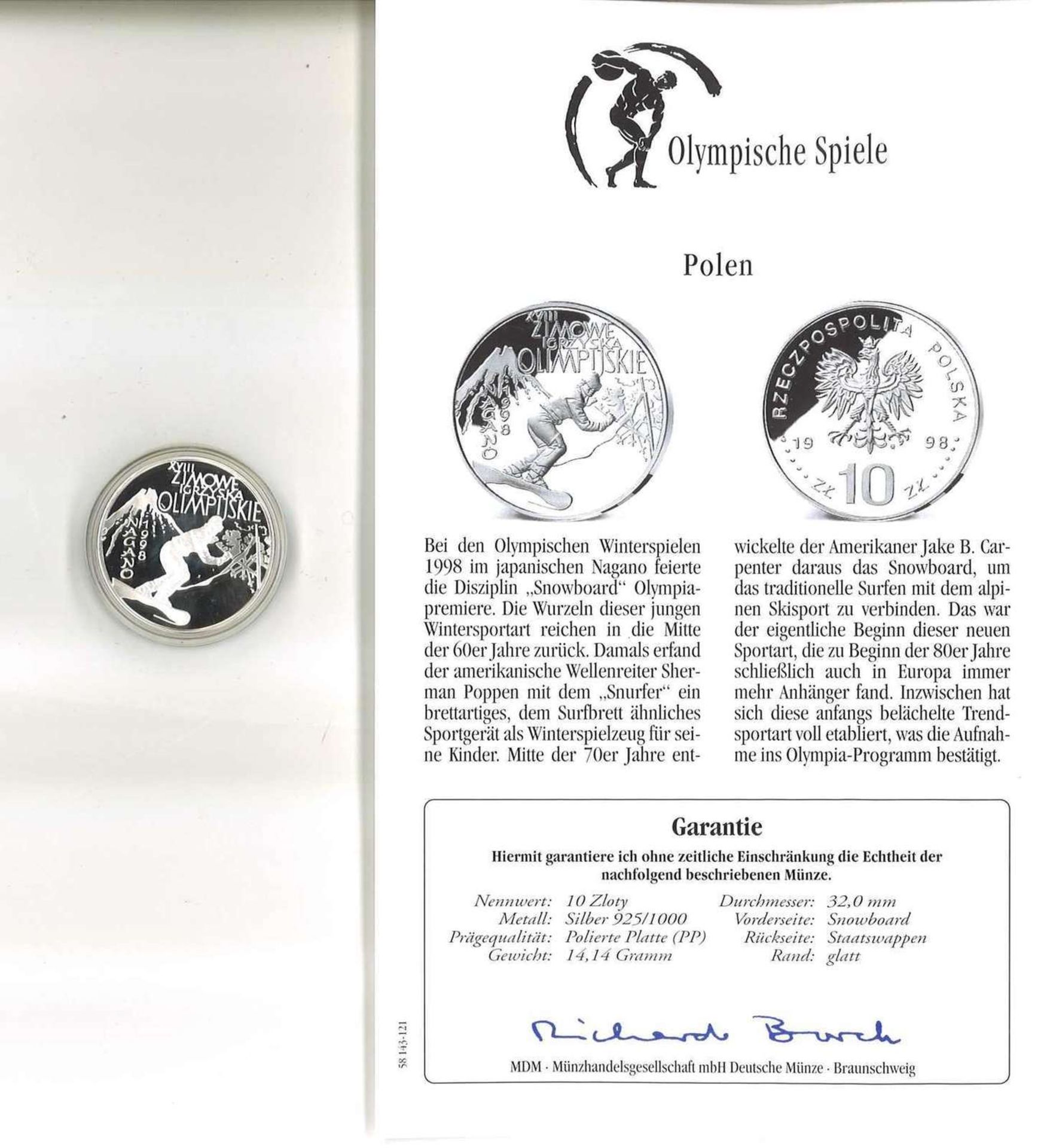 Olympische Spiele, Polen 10 Zloty, 925er Silber, Snowboard. Mit Zertifikat.Olympic Games, Poland 10