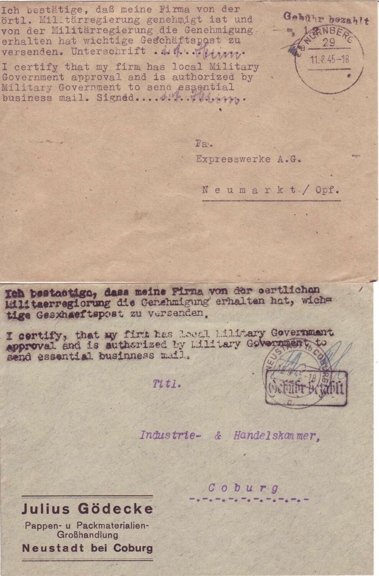 Besetzung Bayern 1945, zwei "Gebühr bezahlt" - Belege mit Text.Occupation Bavaria 1945, two "fee p