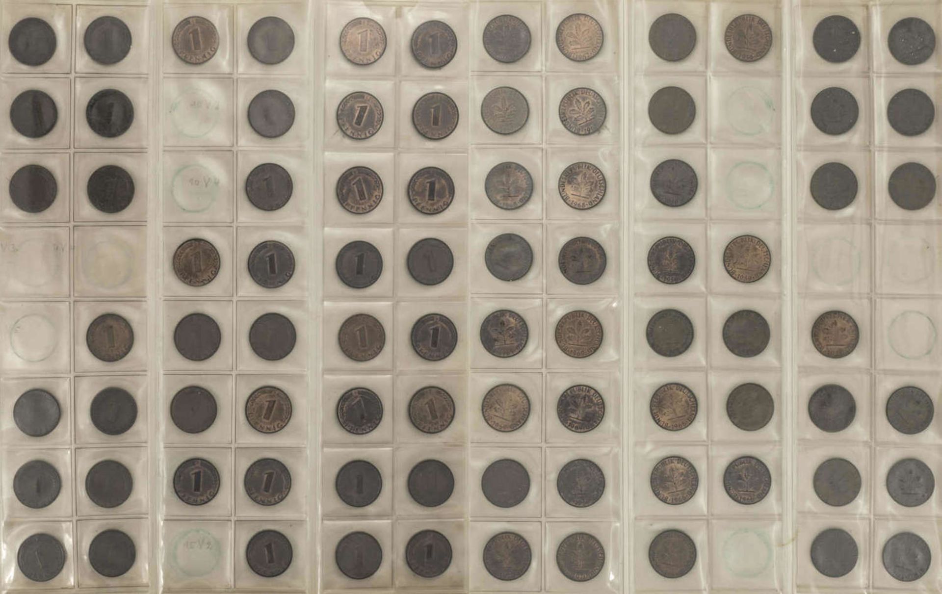 BRD 1948/81, Münzsammlung 1-, 2-, 5- und 10 Pfennig. Dabei 1 Pfennig: 1948/50 DFGJ, 1966 - 80 DFGJ
