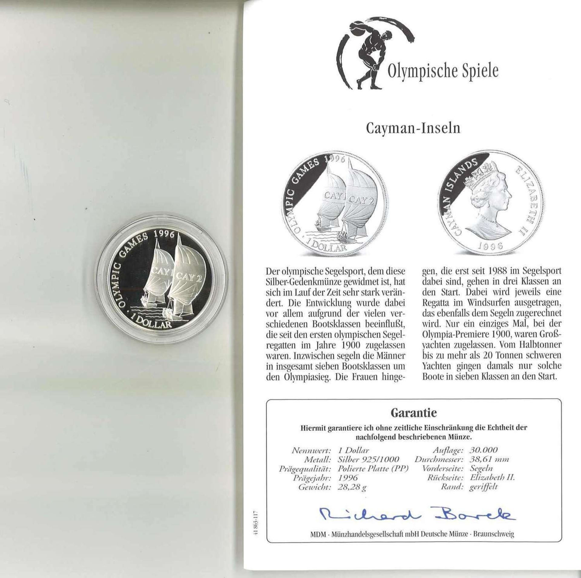 Olympische Spiele Cayman-Inseln, 1 Dollar, 925/1000 Silber, Segeln. Mit Zertifikat.Olympic Games Ca