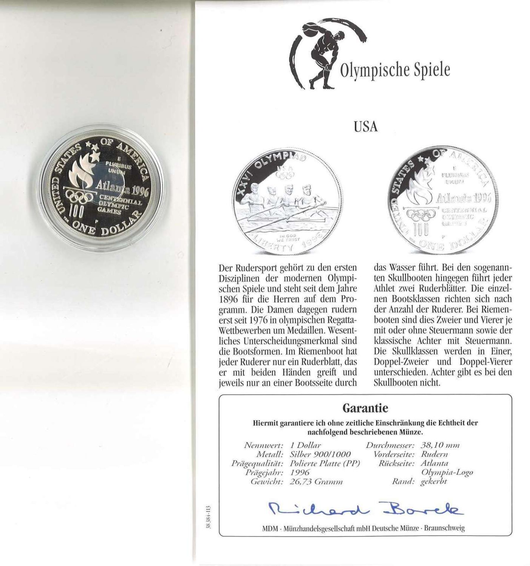 Olympische Spiele USA, 1 Dollar, 900/1000 Silber. Rudern. Mit Zertifikat.Olympic Games USA, $ 1, 90