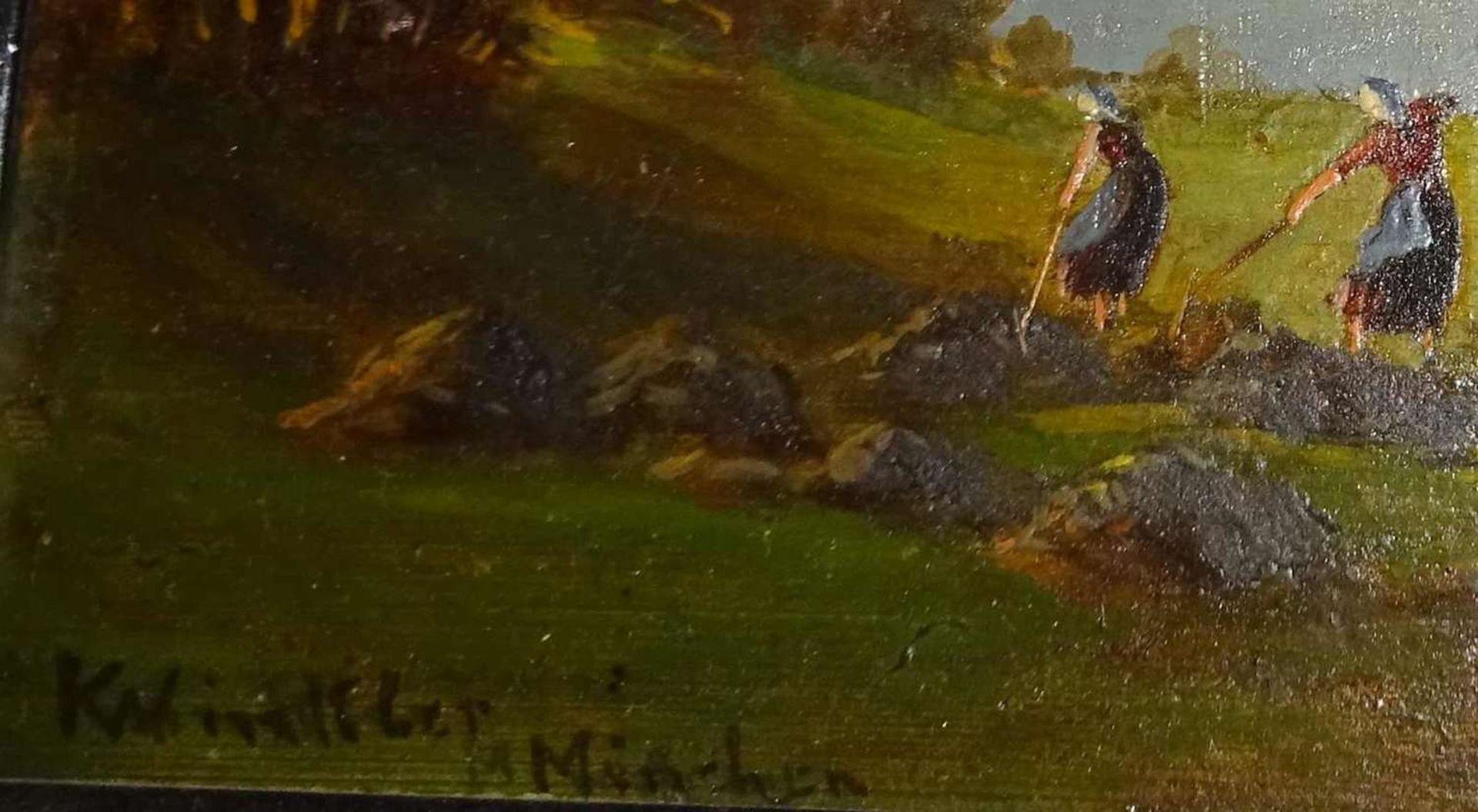 Karl Winkler, München (1827-1874), Ölgemälde auf Holzplatte "Heuernte in der Voralpen", links un - Bild 2 aus 3