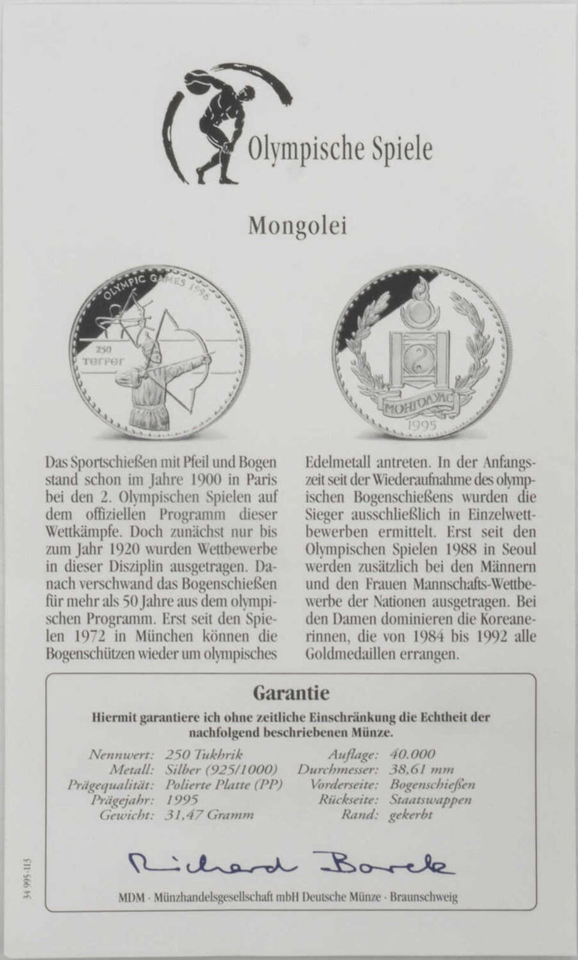 Olympische Spiele Mongolei, 250 Tukhrik, 925/1000 Silber. Bogenschießen. Mit Zertifikat.Olympic Ga - Bild 3 aus 3