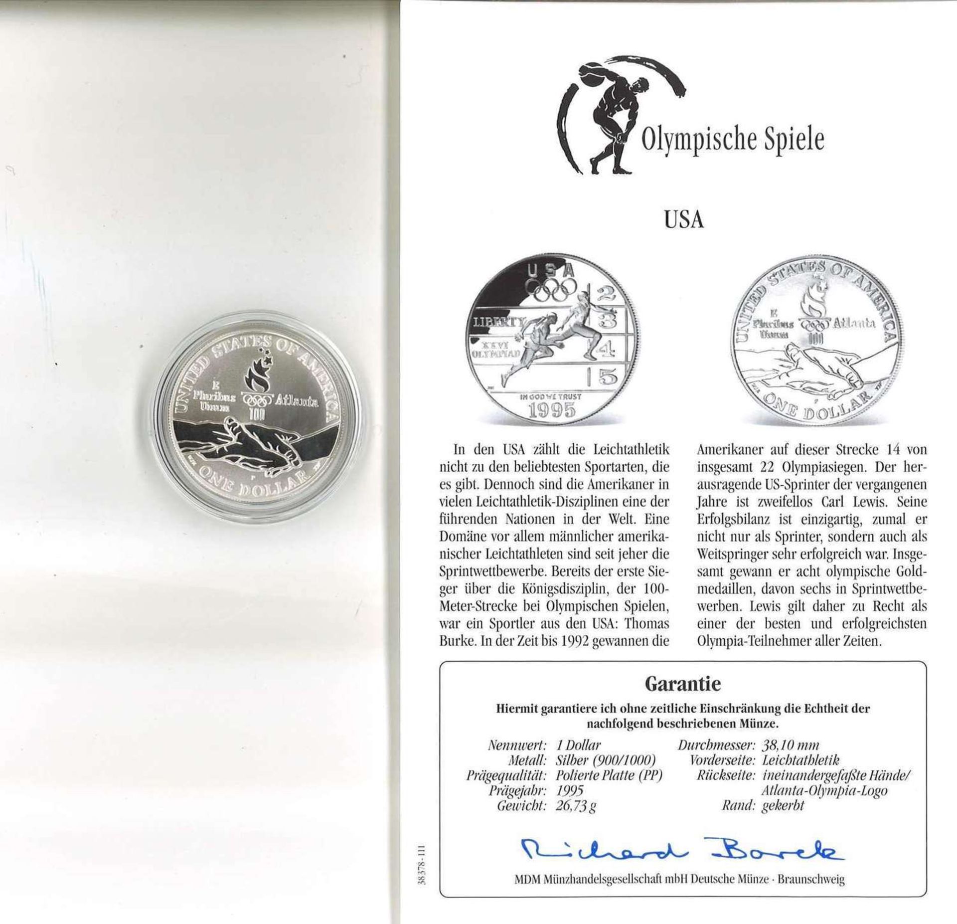 Olympische Spiele USA, 1 Dollar, 900/1000 Silber. Leichtathletik. Mit Zertifikat.Olympic Games USA,