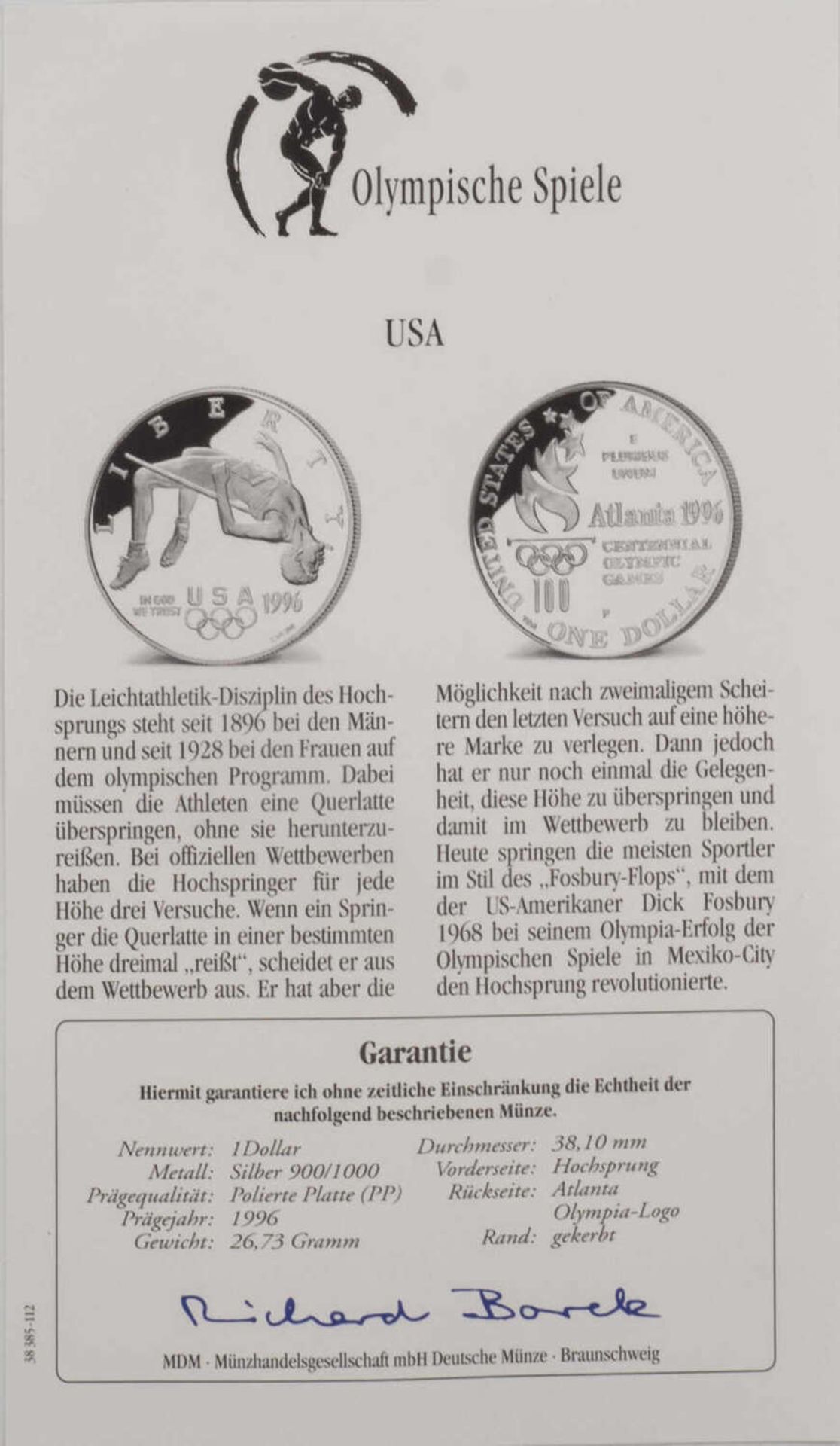 Olympische Spiele USA, 1 Dollar, 900/1000 Silber. Hochsprung. Mit Zertifikat.Olympic Games USA, $ 1