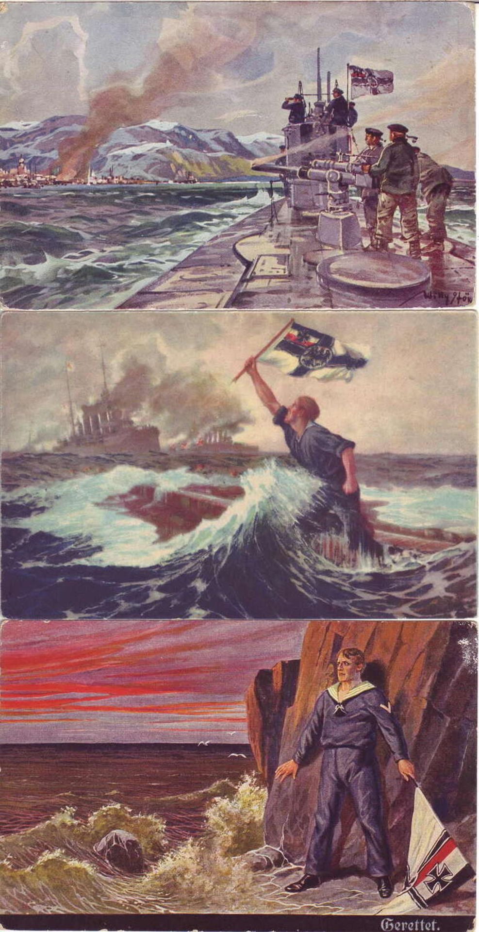 Deutsches Reich, 1. WK, drei Marine - Karten "U - Boot - Spende 1917", "Gerettet", "Bis zum letzten