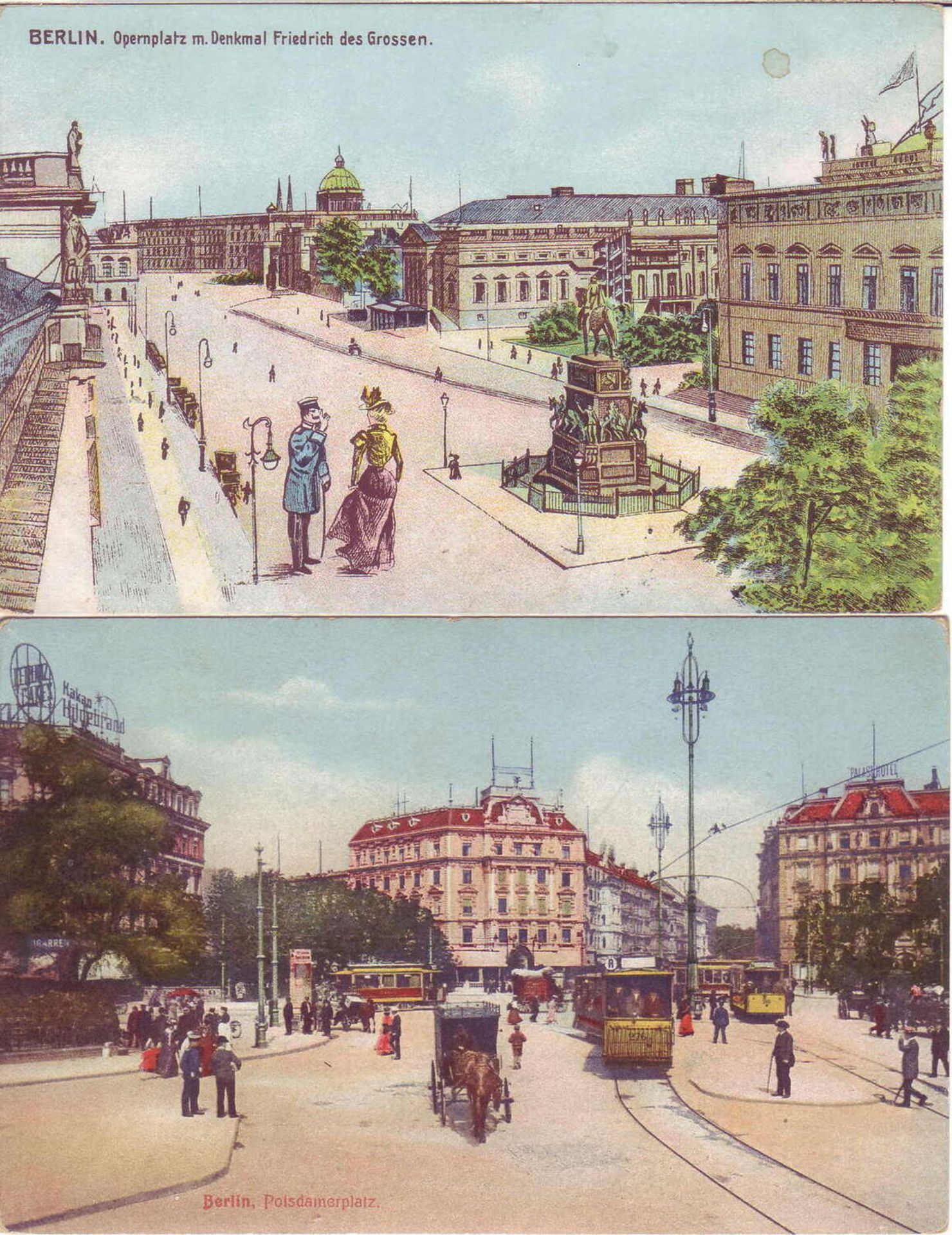 Vier Ansichtskarten, Farbkarten, Ansichten Berlins um die Jahrhundertwende. Gelaufen.Four postcards