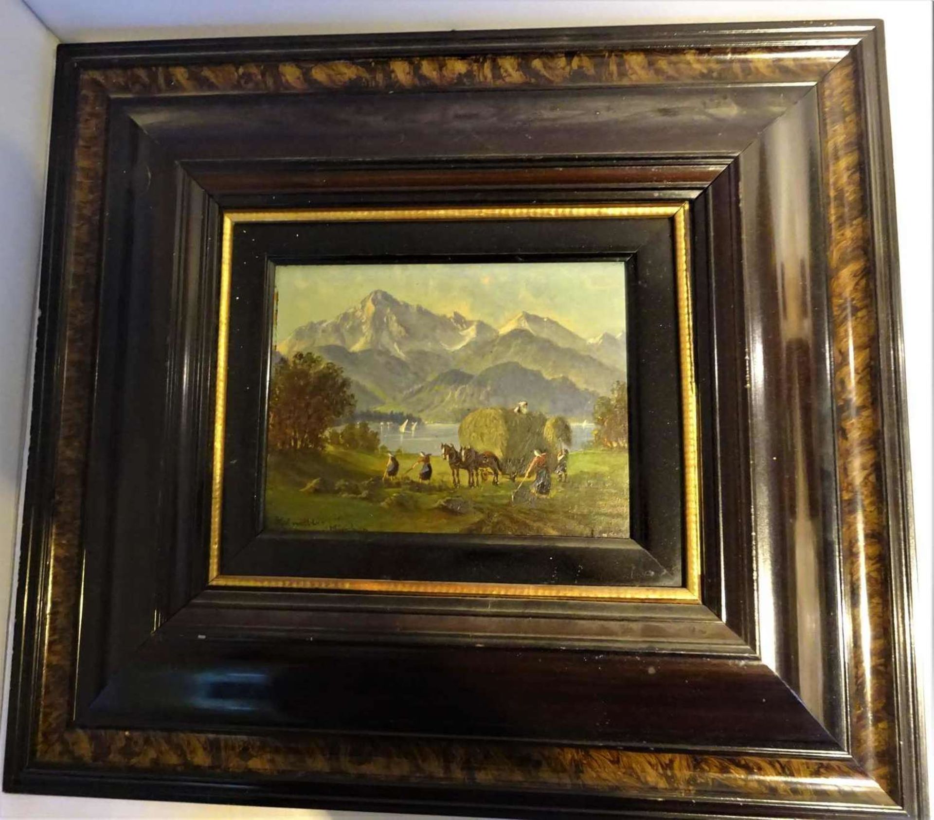 Karl Winkler, München (1827-1874), Ölgemälde auf Holzplatte "Heuernte in der Voralpen", links un