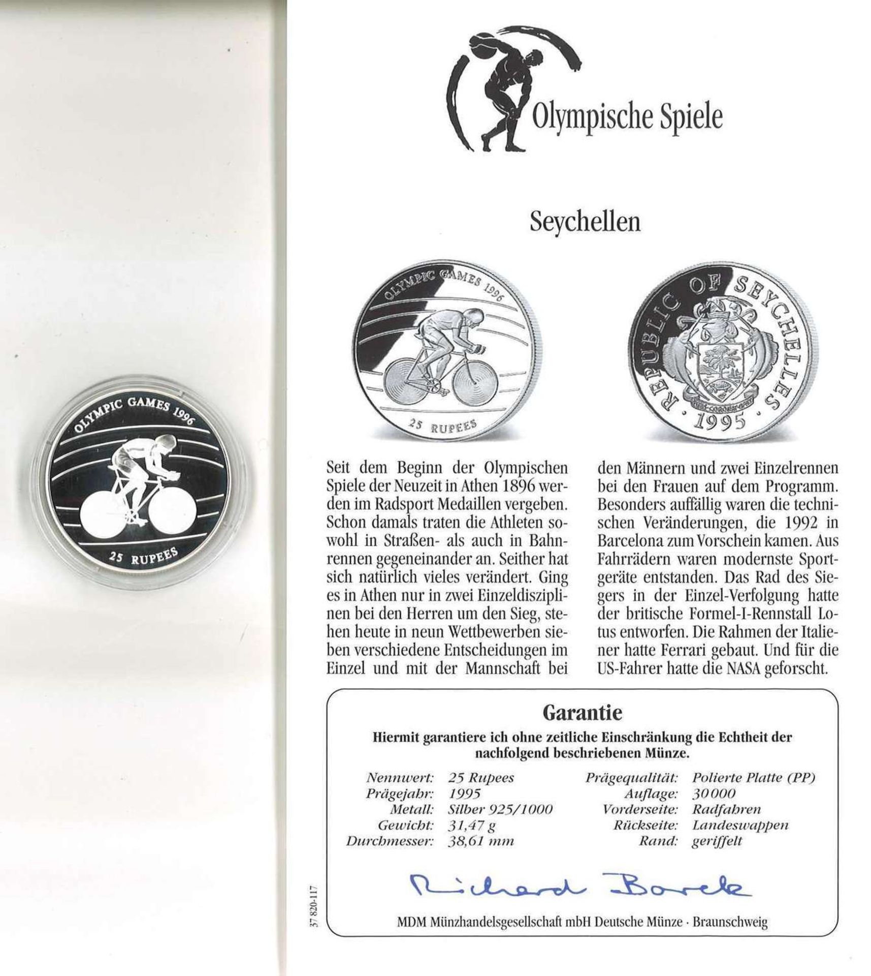 Olympische Spiele, Seychellen, 925/1000 Silber. 25 Rupees, Radfahren. Mit ZertifikatOlympic Games,