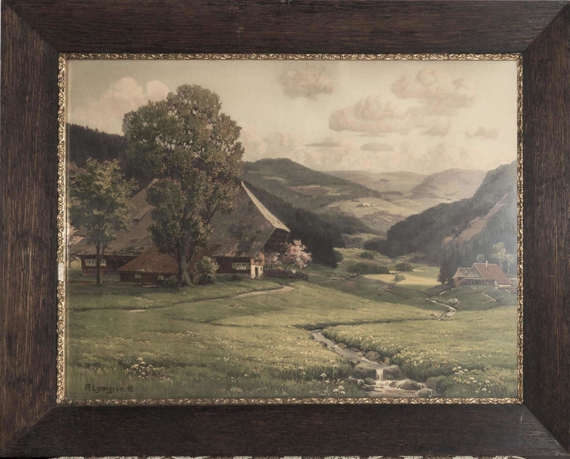 A. Lyongrün (1871 - 1935), "Schwarzwald - Idylle", Ölgemälde, hinter Glas gerahmt, Maße: Breite