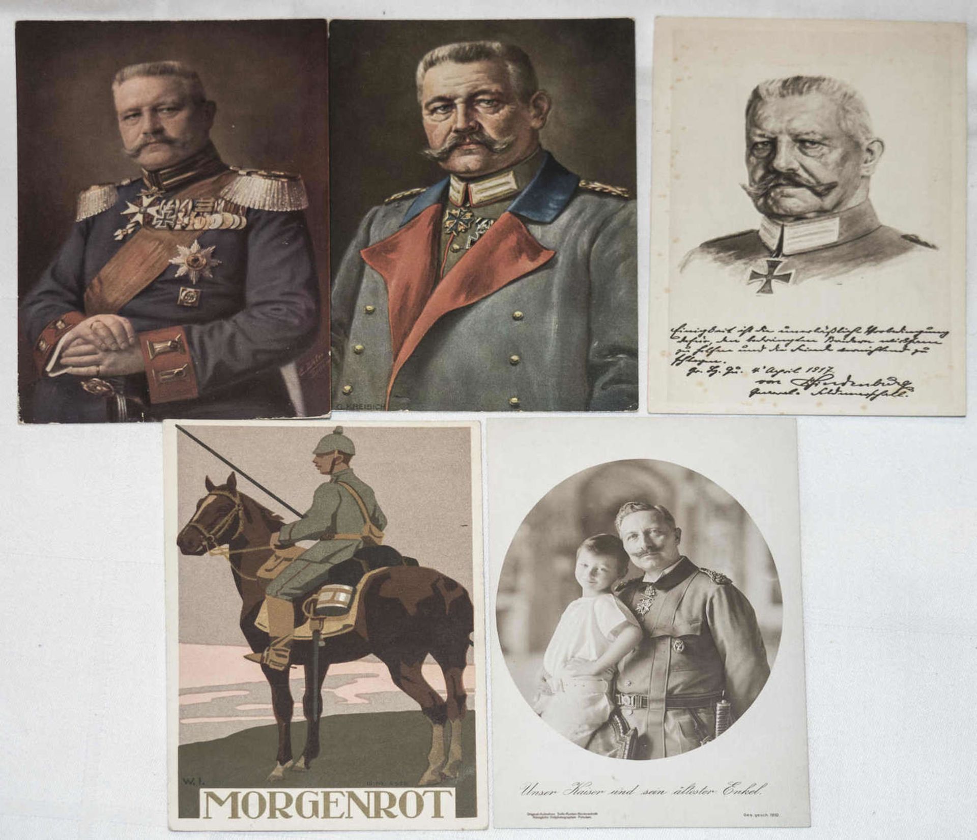 5 Patriotika - Postkarten Hindenburg / Kaiser Wilhelm II., 1. WK.5 Patriotica - Postcards Hindenbu