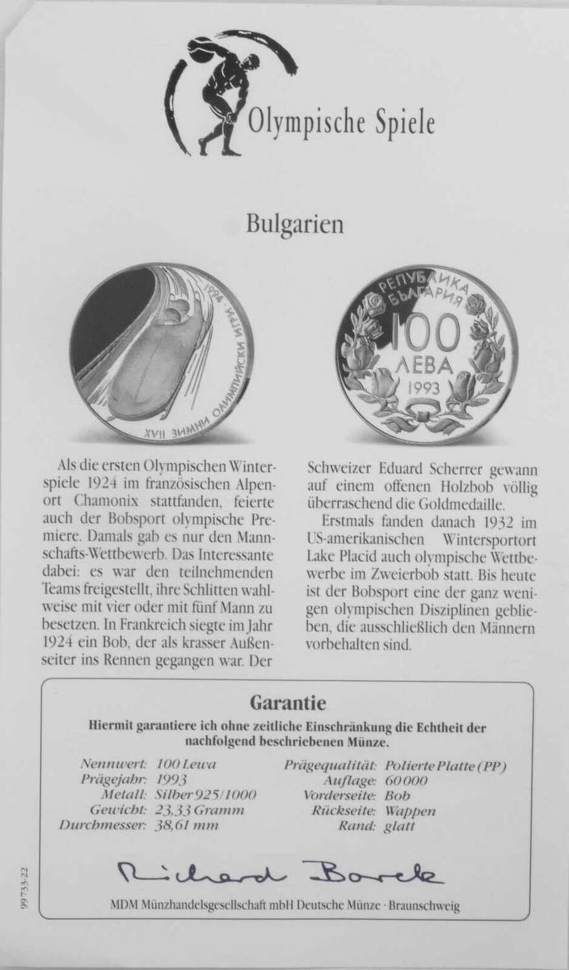 Olympische Spiele Bulgarien, 100 Lewa, 925/1000 Silber. Bob. Mit Zertifikat.Olympic Games Bulgaria, - Image 3 of 3