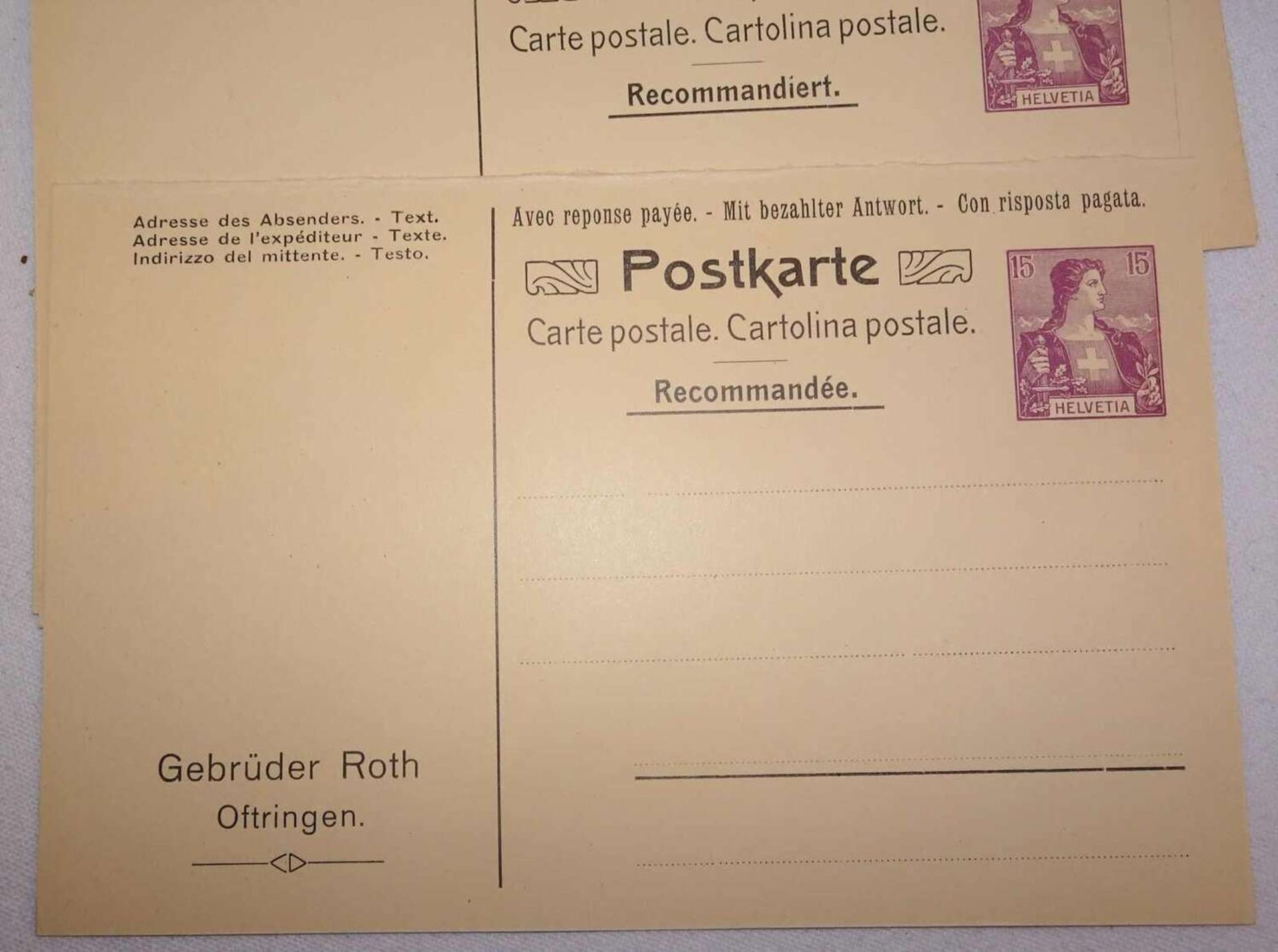 Schweiz - Privat-Antwort-Postkarten der Gebrüder Roth Oftringen mit Wertstempel Helvetia 10 C. rot - Image 2 of 2