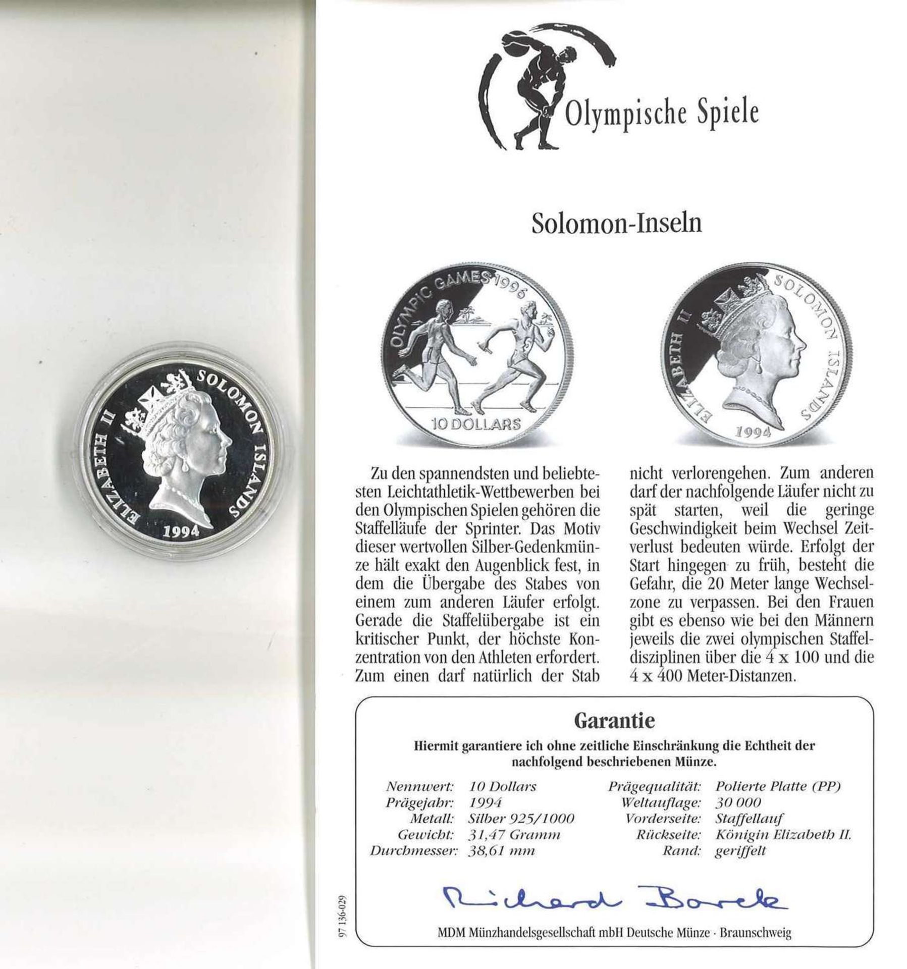 Olympische Spiele Solomon-Inseln, 10 Dollars, 925/1000 Silber, Staffellauf. Mit Zertifikat.Olympic