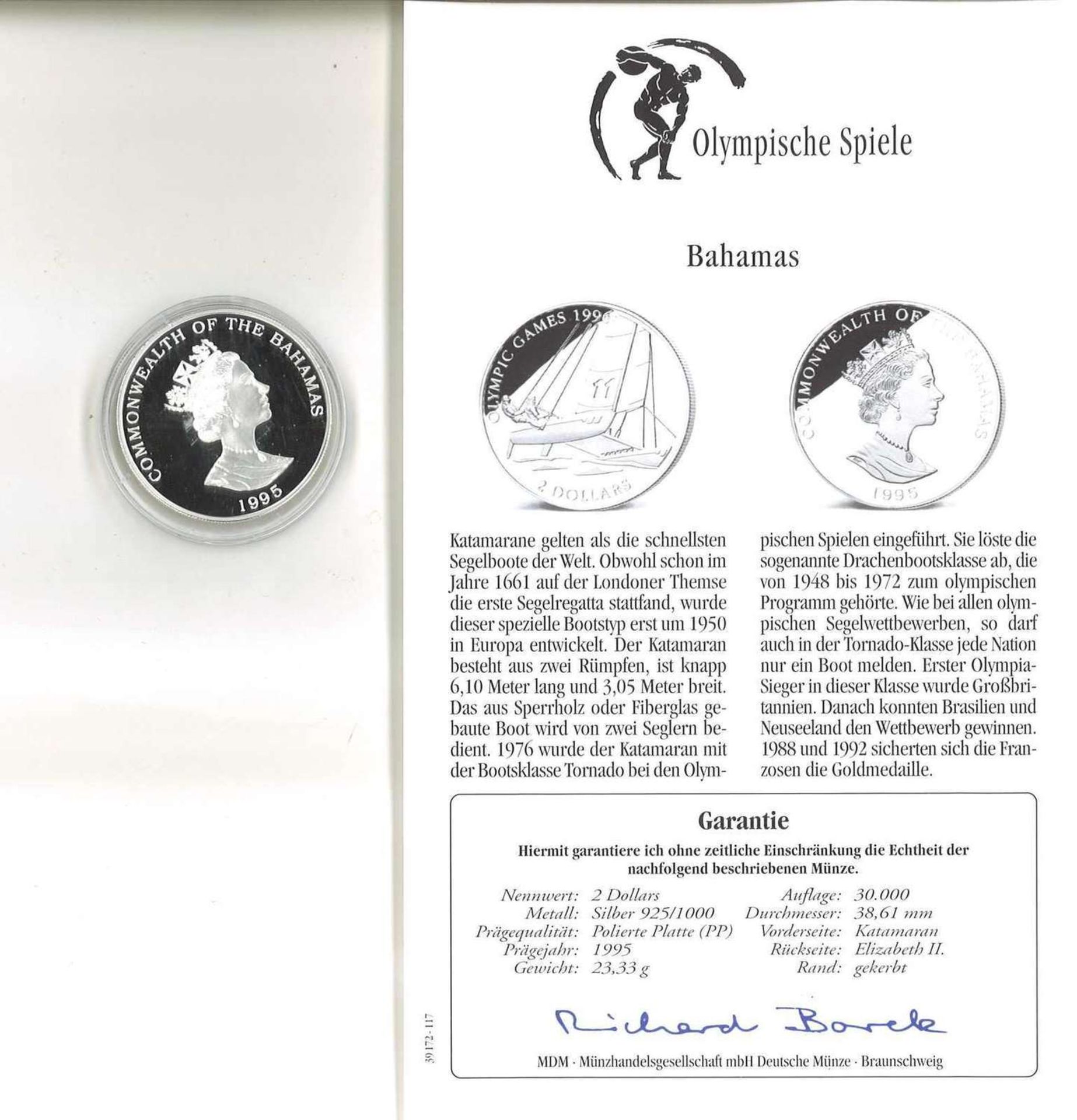 Olympische Spiele, Bahamas, 2 Dollars, 925/1000er Silber, Katamaran. Mit Zertifikat.Olympic Games,