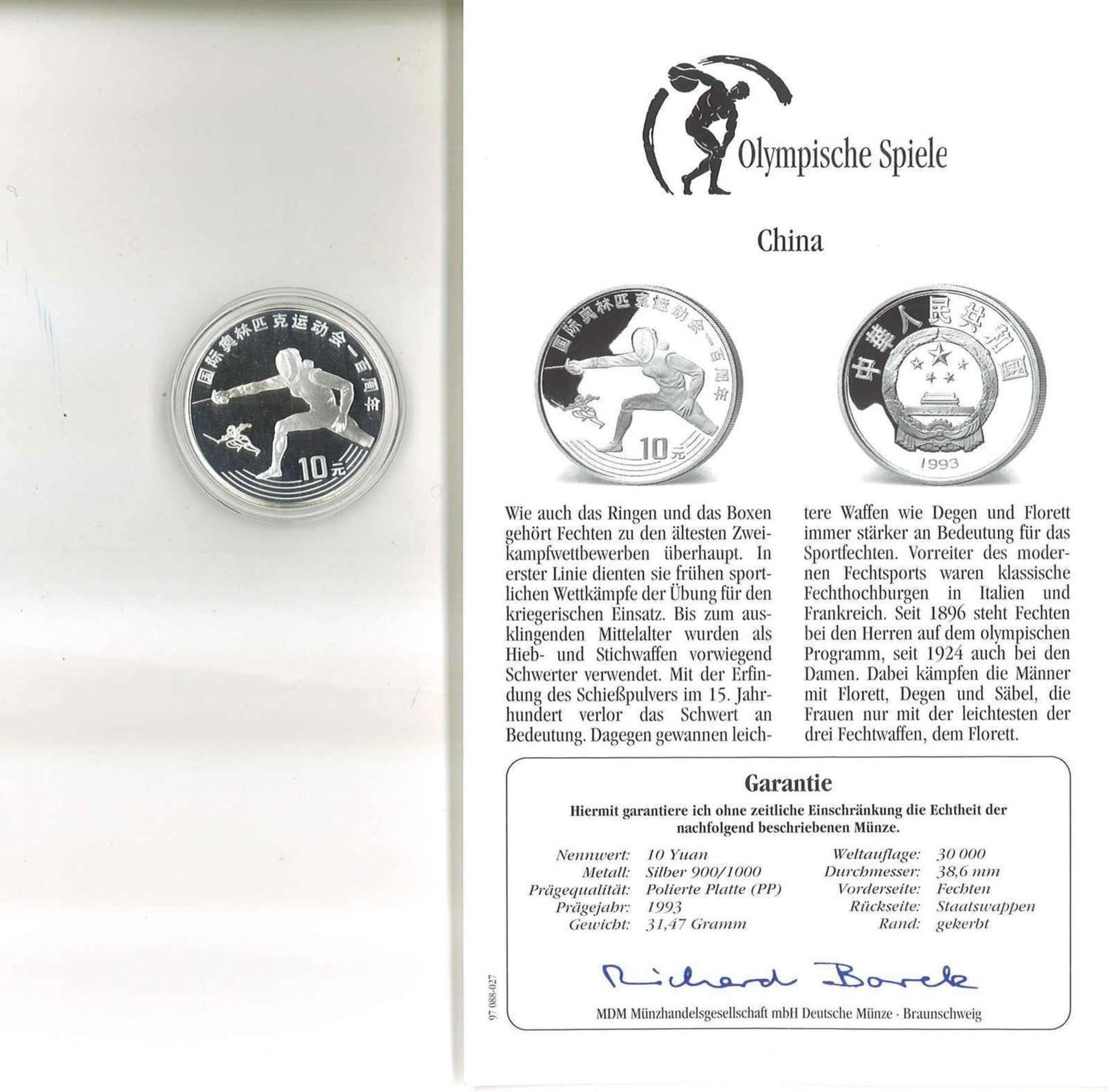 Olympische Spiele China, 10 Yuan, 900/1000 Silber. Fechten. Mit Zertifikat.Olympic Games China, 10