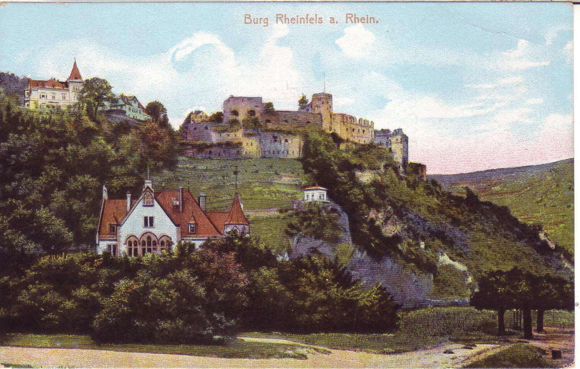 AK "Burg Rheinfels a. Rhein". Farbkarte. Rückseitig mit eingedruckten Glückwunsch der Fa. Asbach