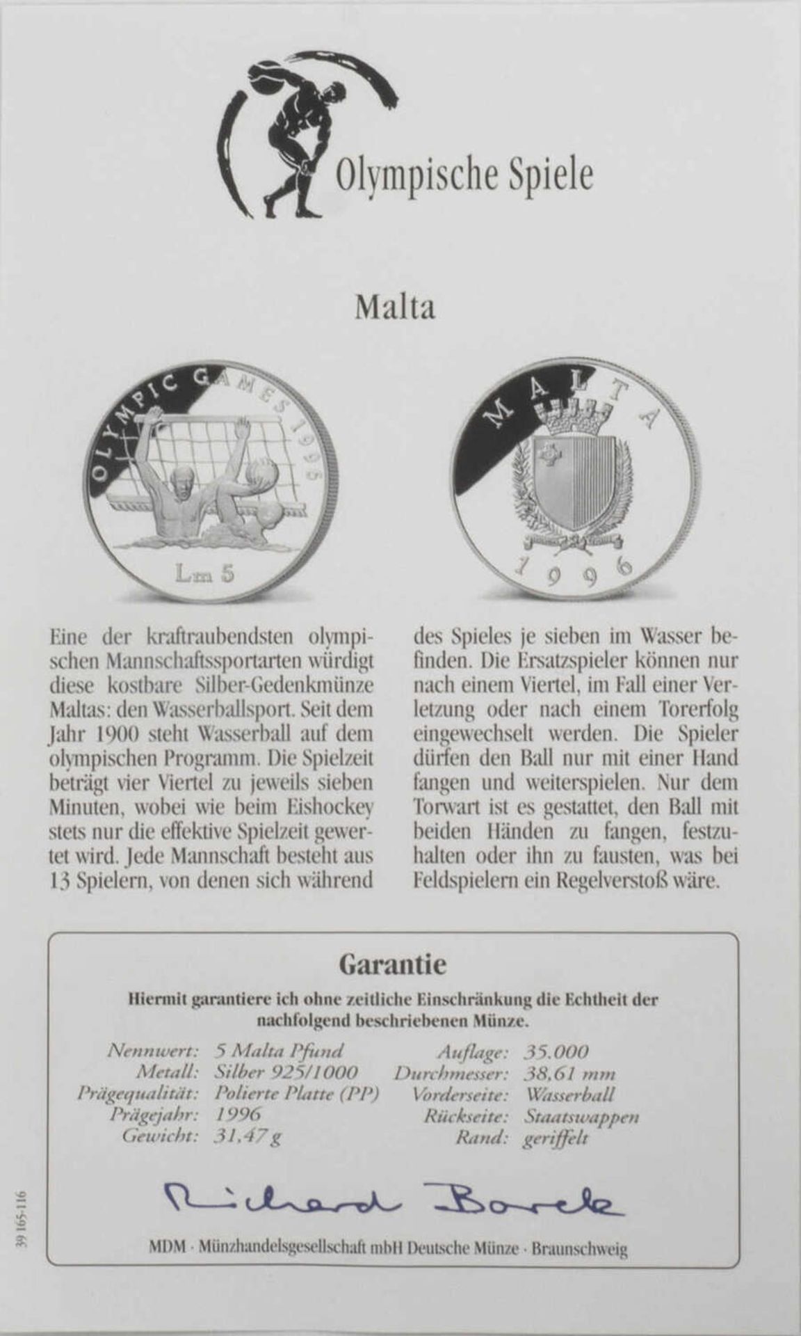 Olympische Spiele Malta, 5 Malta Pfund, 925/1000 Silber. Wasserball. Mit Zertifikat.Olympic Games M - Bild 3 aus 3