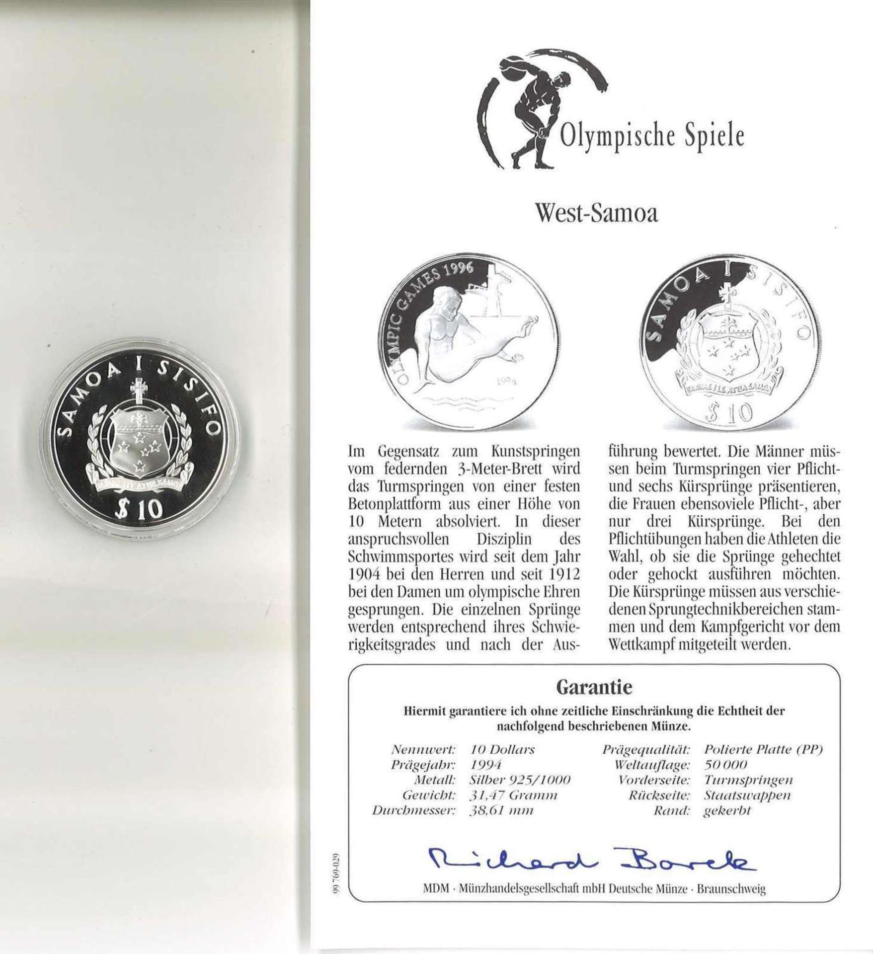 Olympische Spiele, West-Samoa 10 Dollars, 925er Silber, Turmspringen. Mit Zertifikat.Olympic Games,