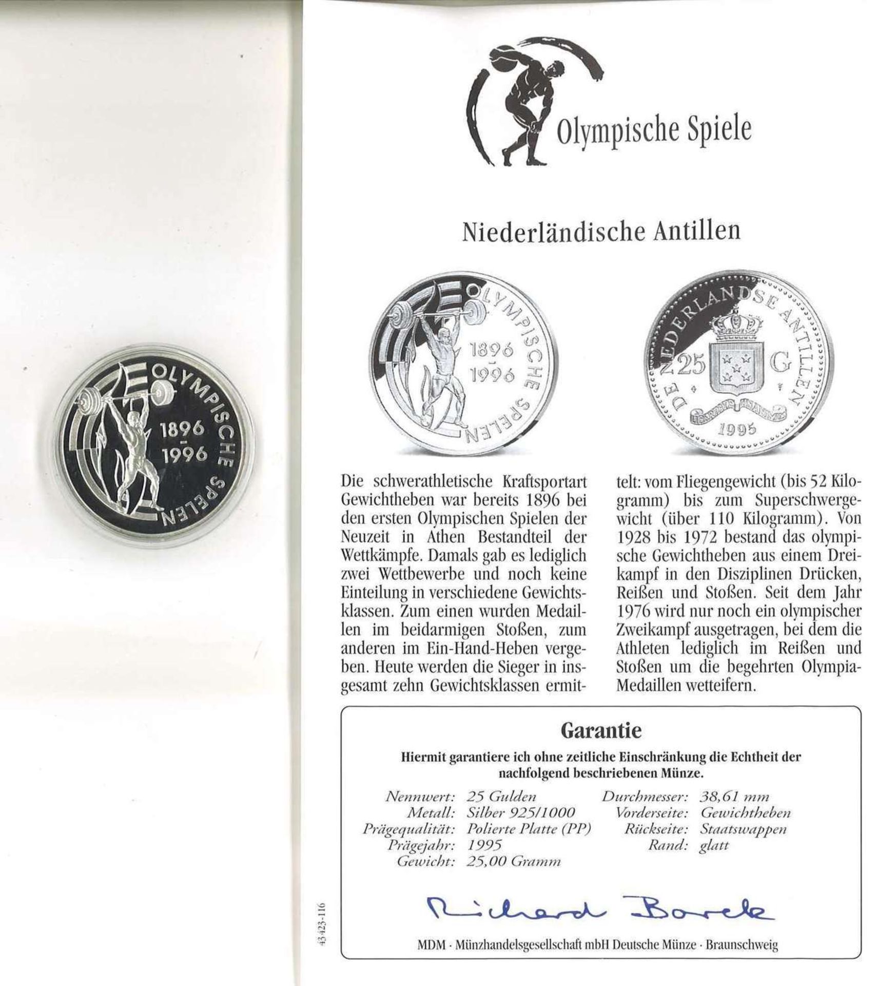 Olympische Spiele, Niederländische Antillen, 925/1000 Silber. 25 Gulden, Gewichtheben. Mit Zertifi