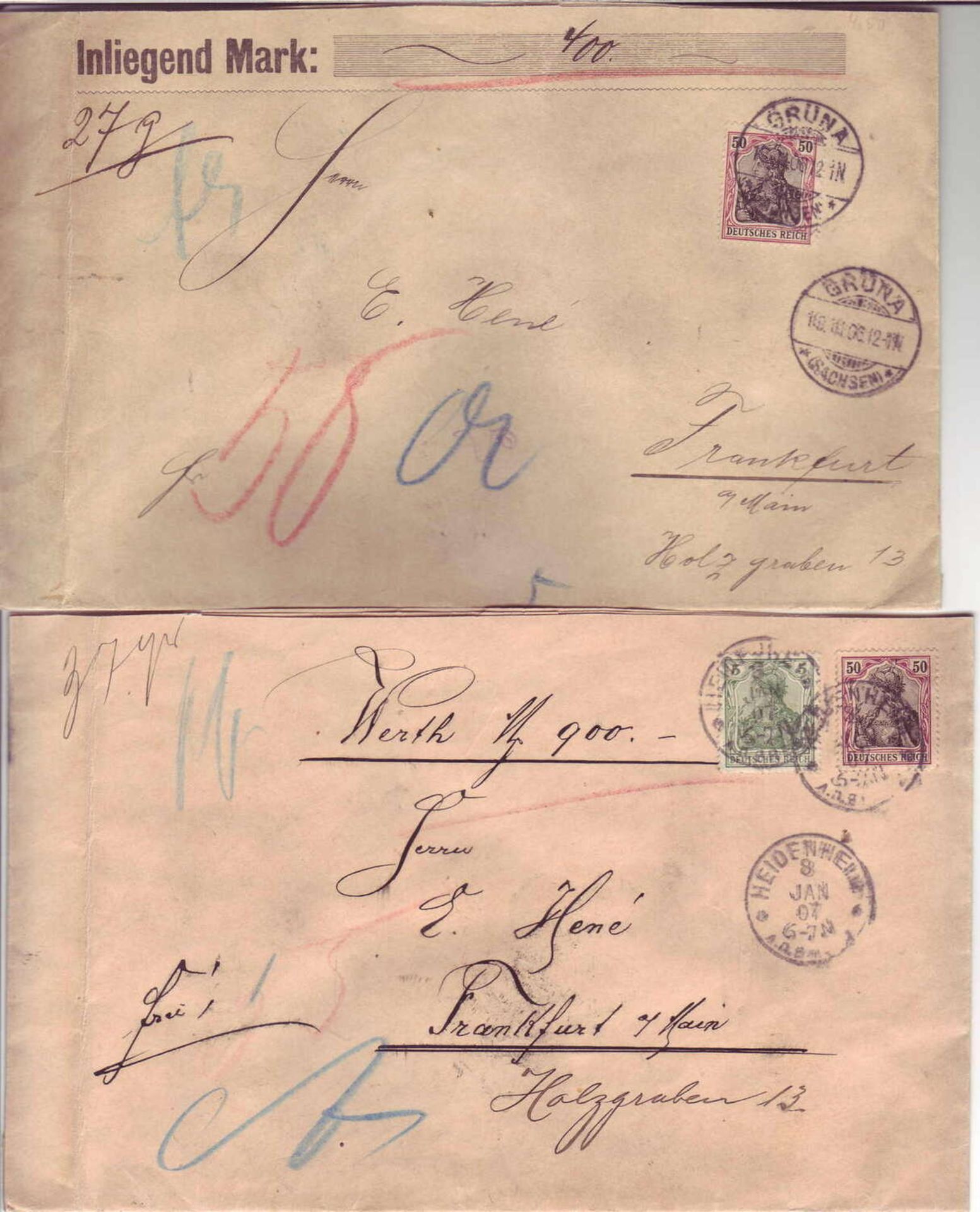 Deutsches Reich 1906/07, zwei Wertbriefe nach Frankfurt a. Main. 1 x mit Bahnpoststempel, beide mit